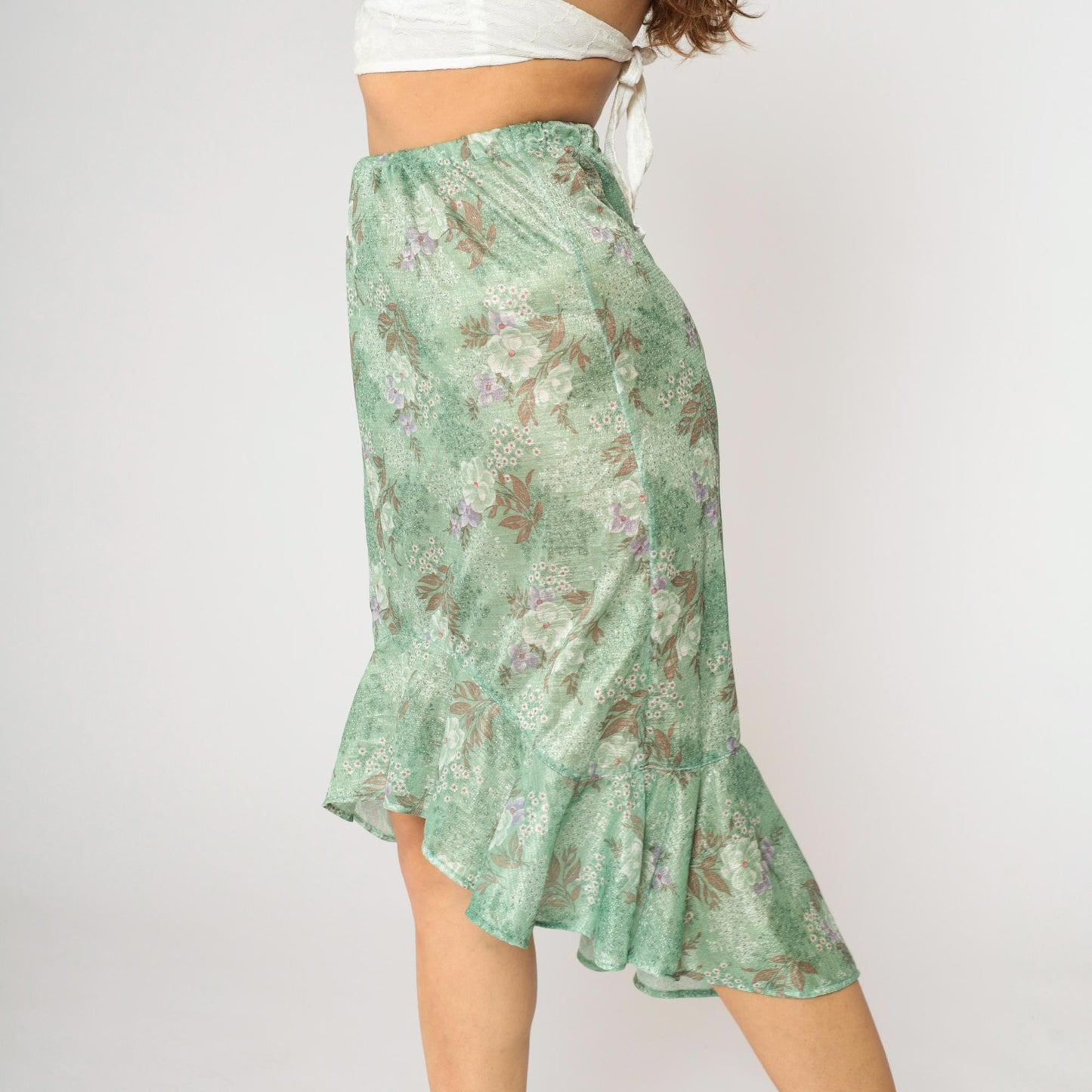 70s Green Floral High-Low Skirt Ruffled Hem Elastic Waist Small