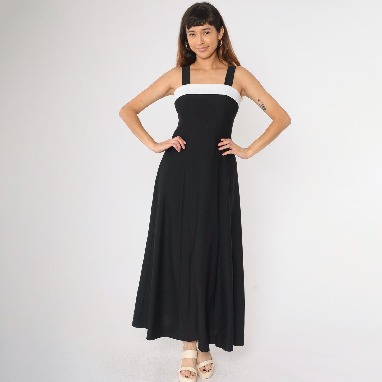 Y2K Black Maxi Dress White Chest Panel Square Neck Sleeveless Small 4