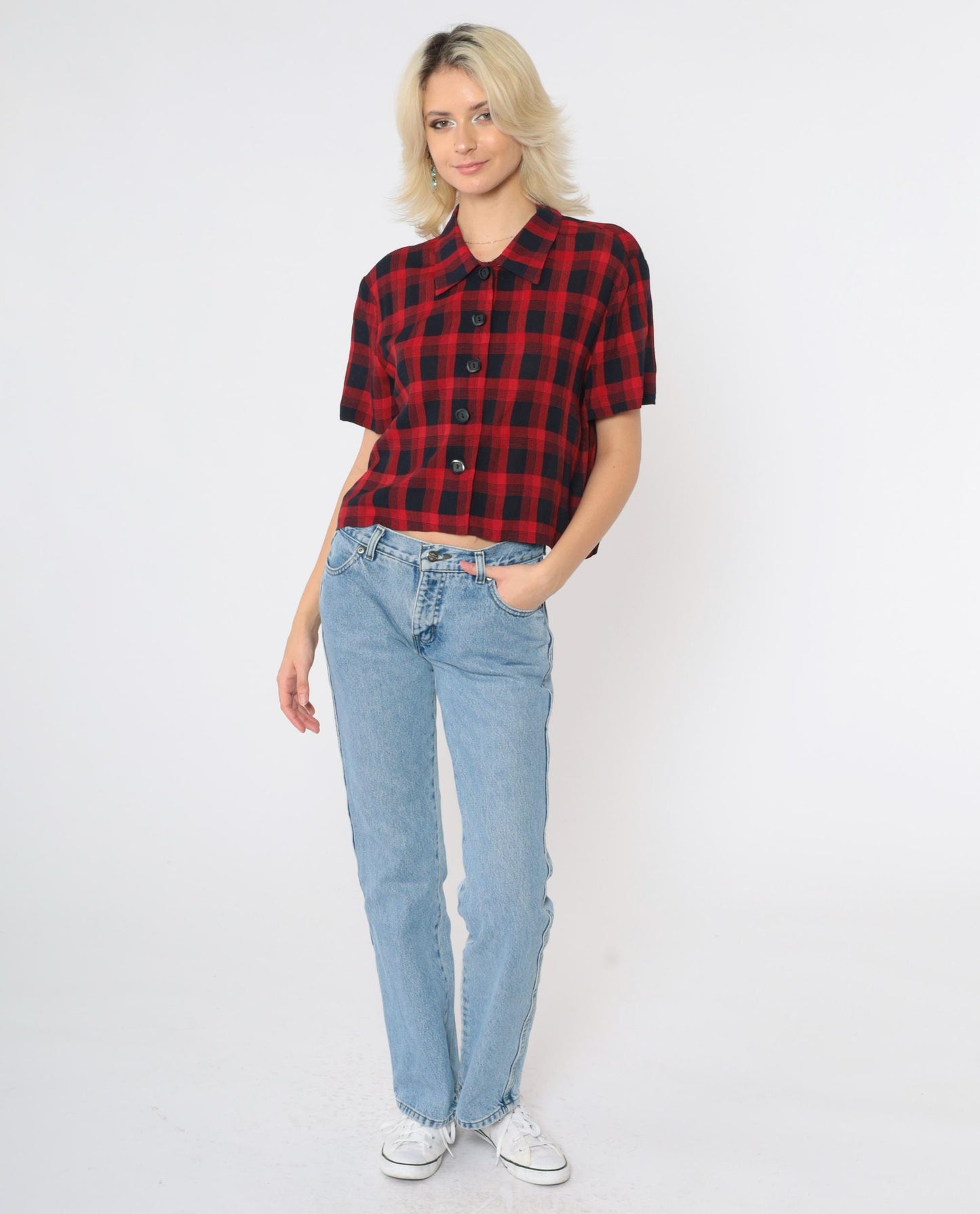 90s Jessica Howard Red Black Checkered Button-Up Blouse Short Sleeve Medium M