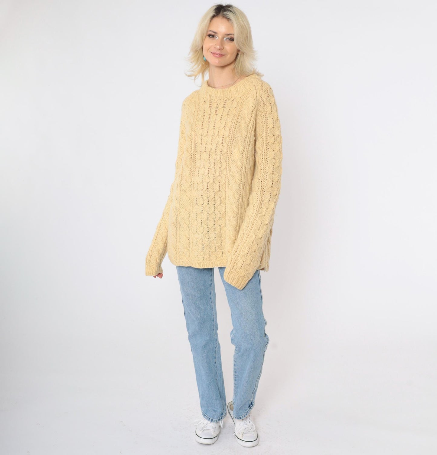 80s Yellow Cable Knit Sweater Crewneck Pullover Semi-Sheer Large L