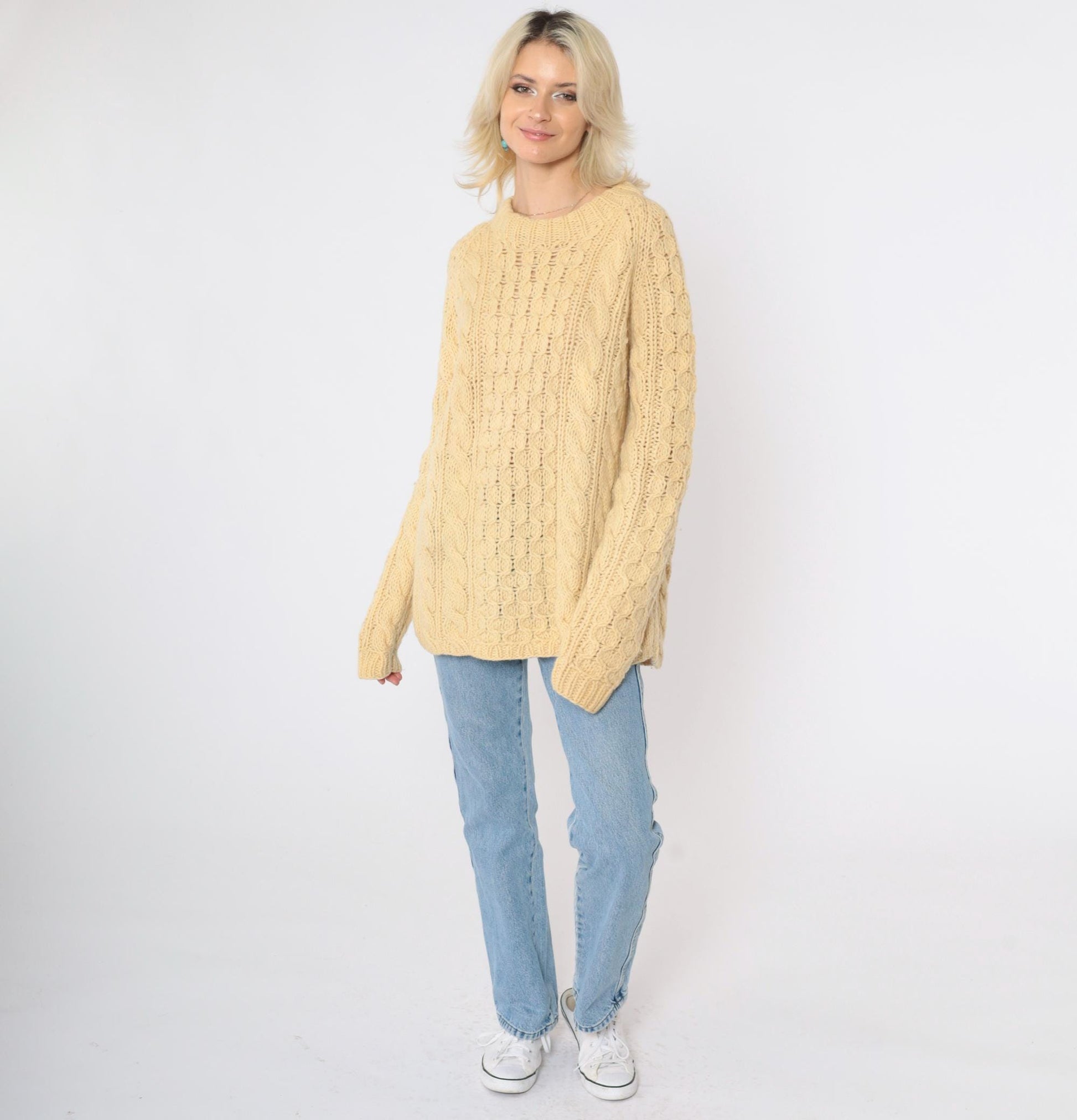 80s Yellow Cable Knit Sweater Crewneck Pullover Semi-Sheer Large L