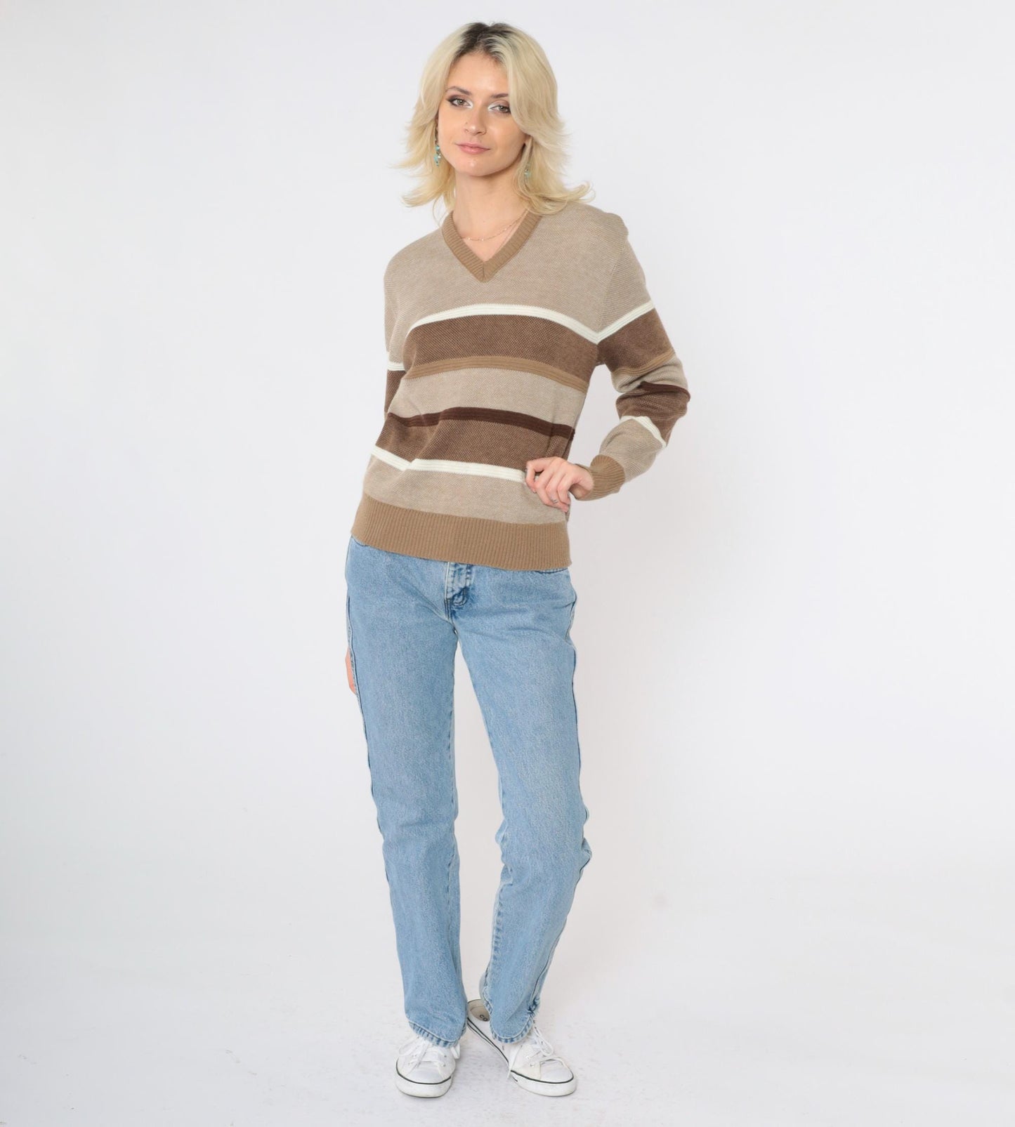 80s Tan Striped V-Neck Sweater Pullover Knit Small