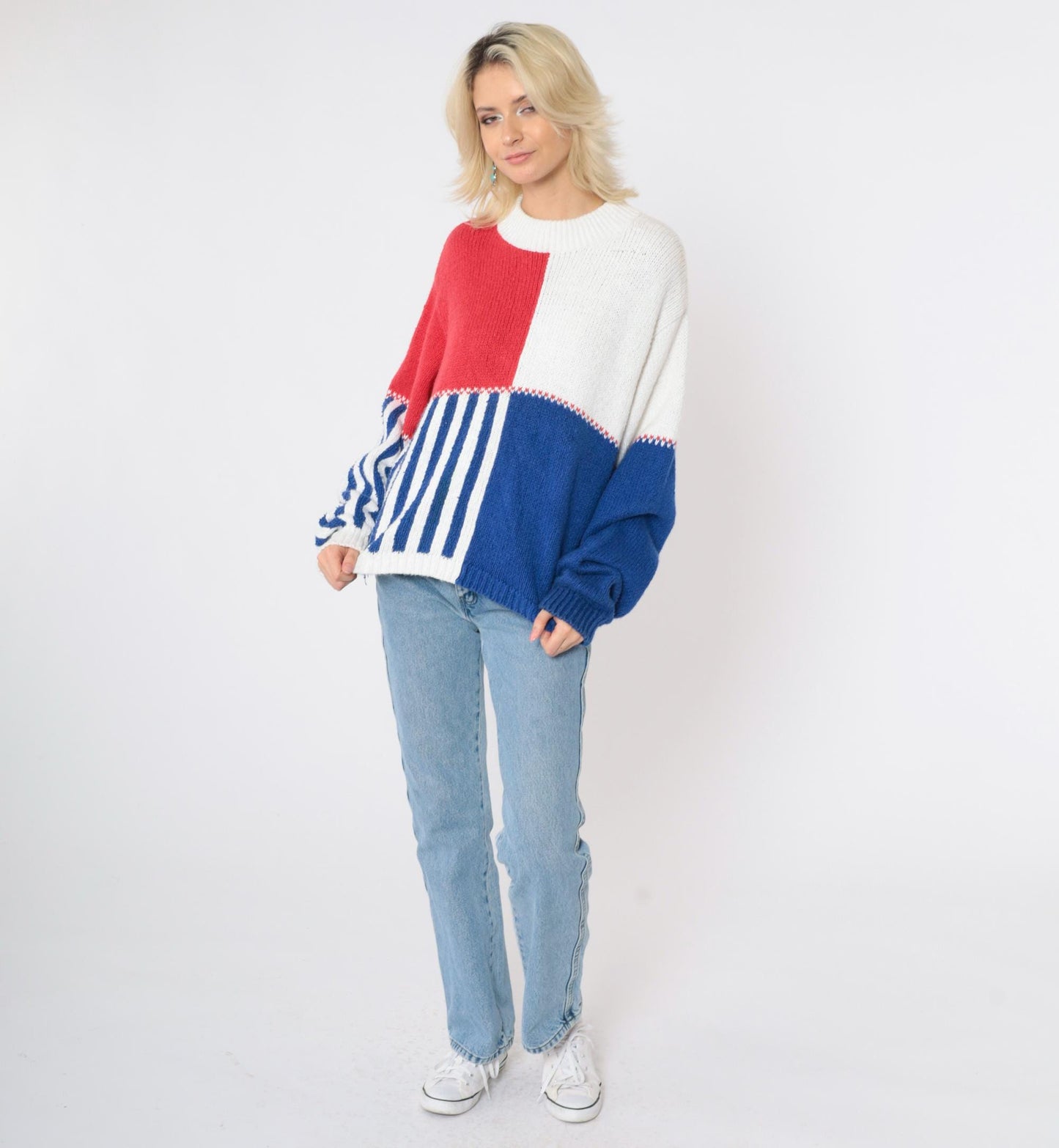 90s Lizsport Color Block Sweater Red White Blue Ramie Cotton Crewneck Medium M