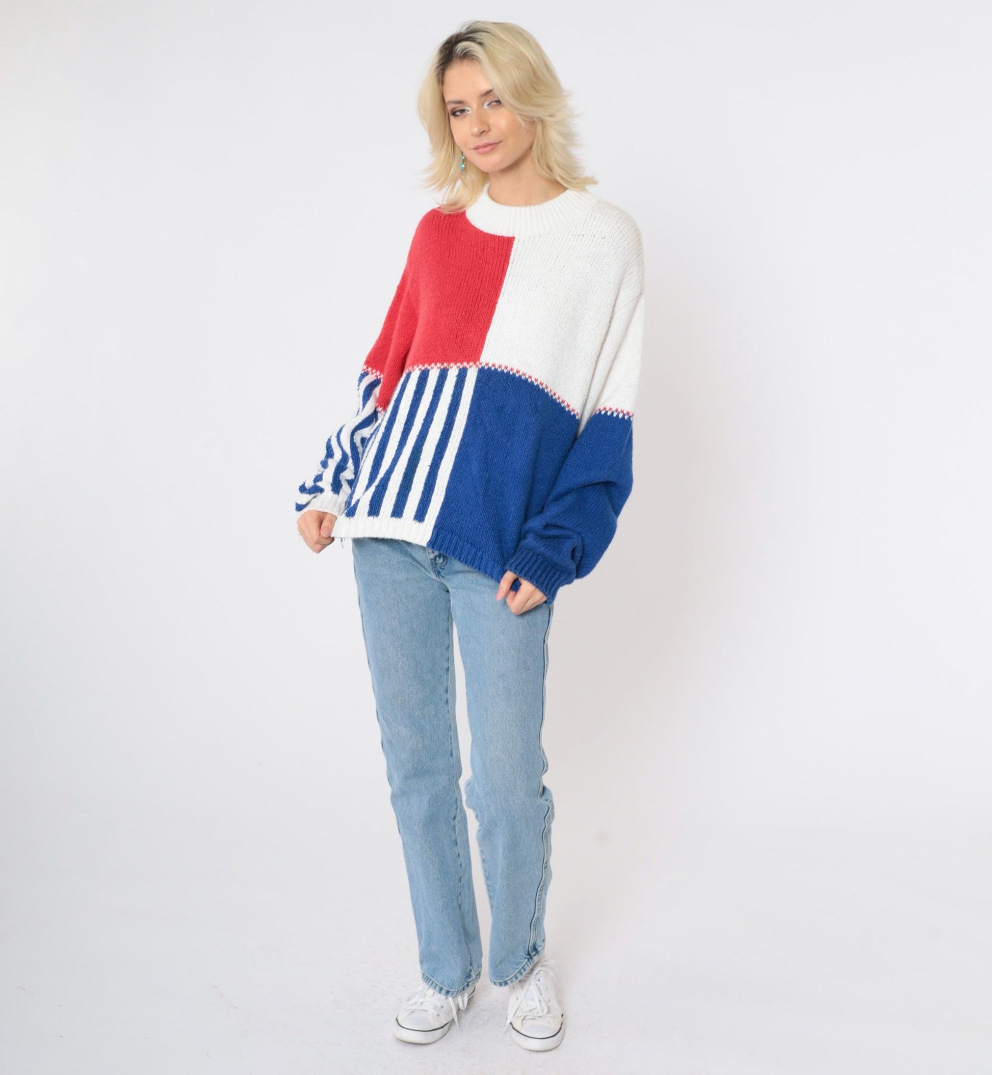 90s Lizsport Color Block Sweater Red White Blue Ramie Cotton Crewneck Medium M