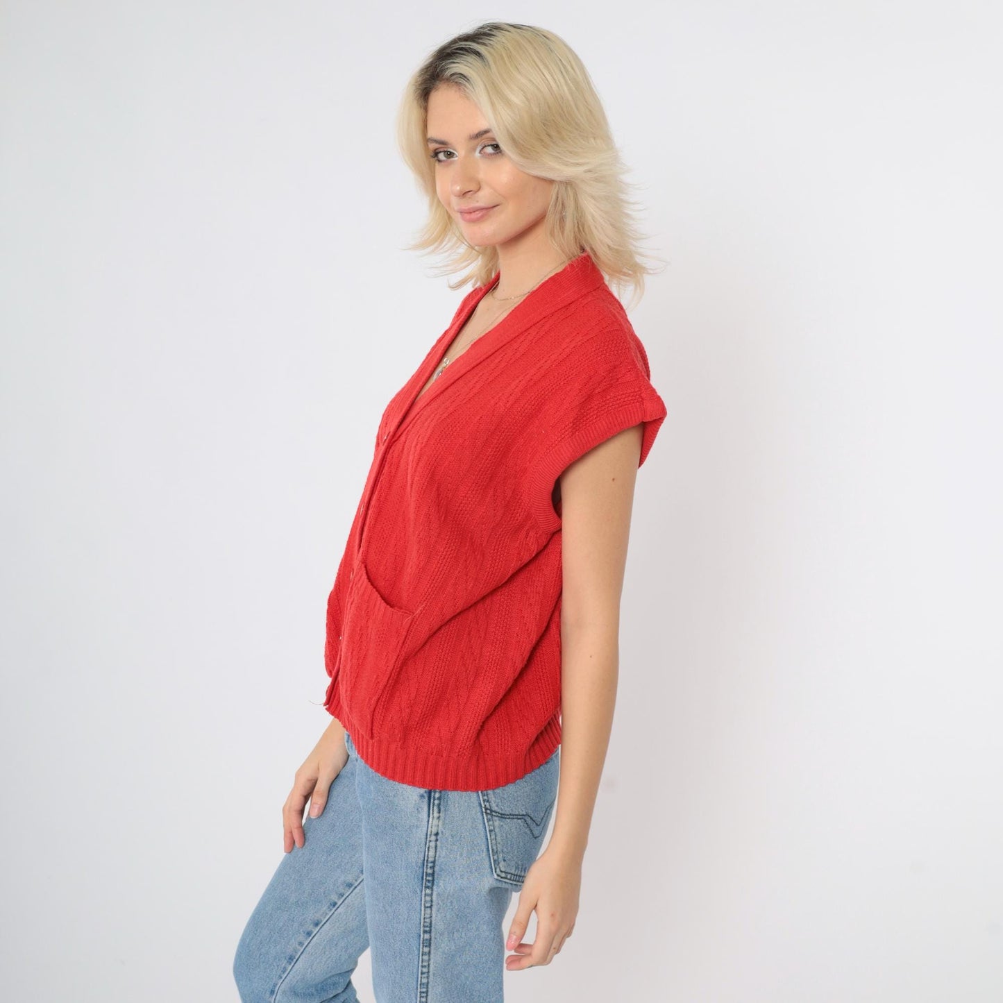80s Red Cable Knit Vest Button-Up Cap Sleeve Top Medium Large
