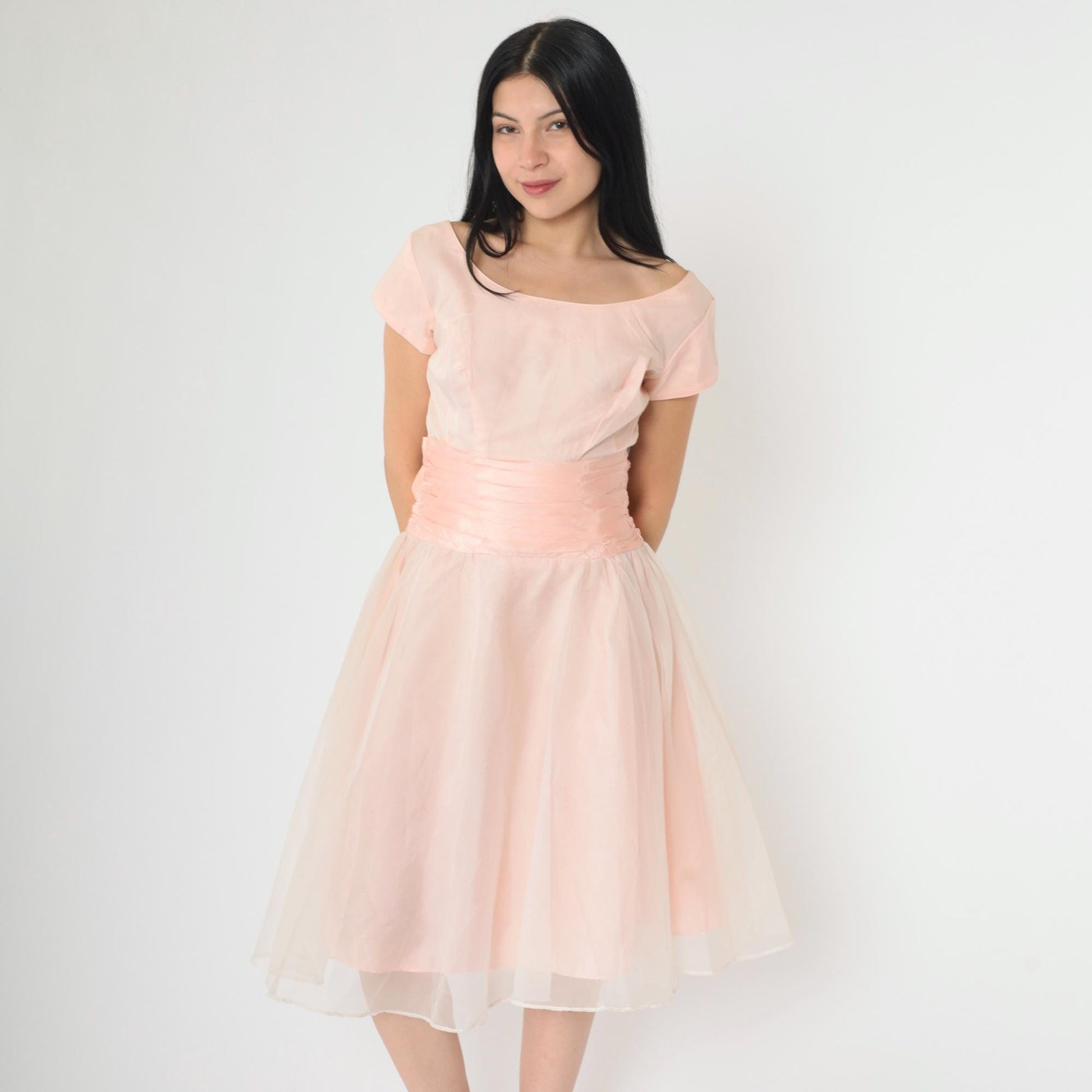 1950s Pink Taffeta Party Dress Chiffon Overlay Bow Back Knee Length Small