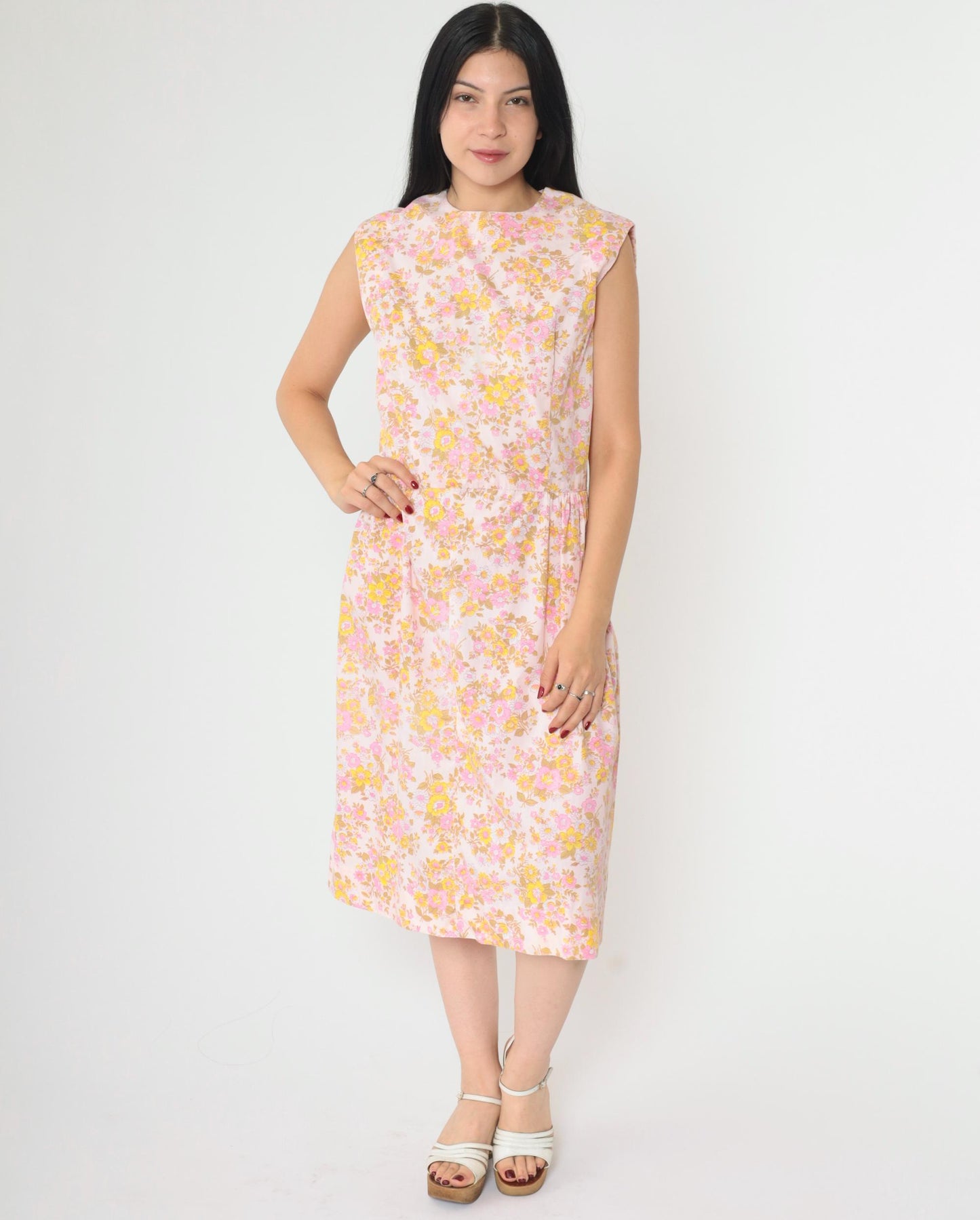 1960s Mod Floral Midi Dress Pink Yellow High Waist Sleeveless Medium