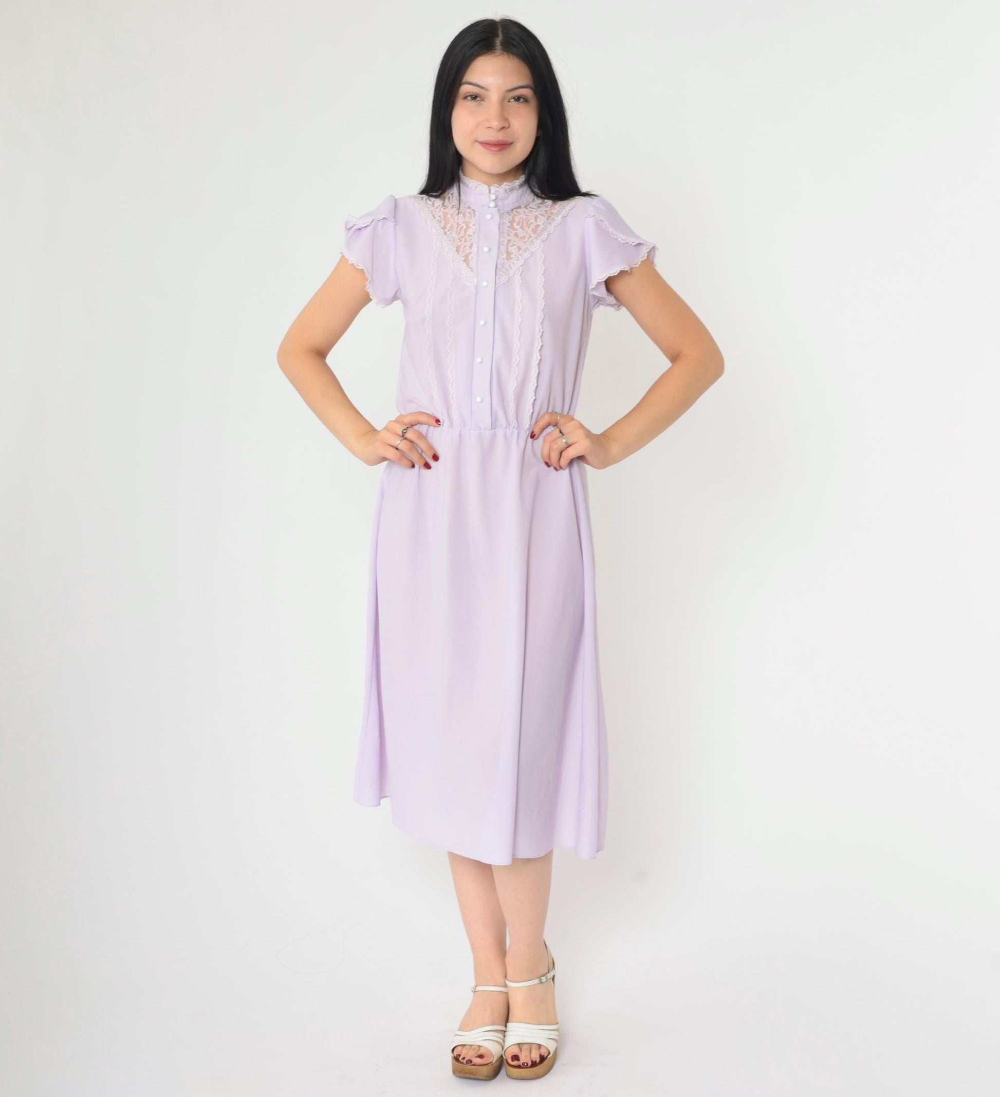 70s Lavender Midi Dress Lace Yoke Button Front Tulip Sleeve Small