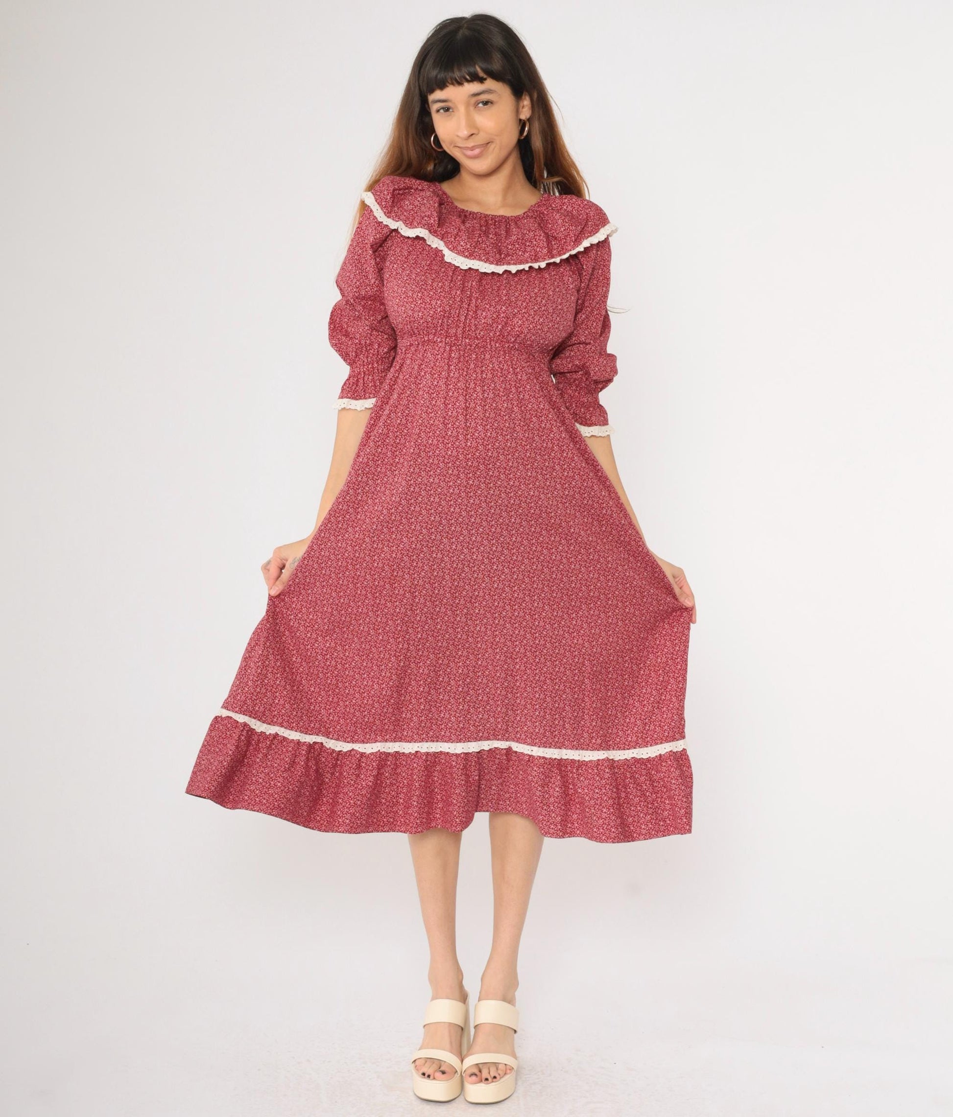 70s Burgundy Calico Floral Peasant Dress Empire Waist Midi Lace Small