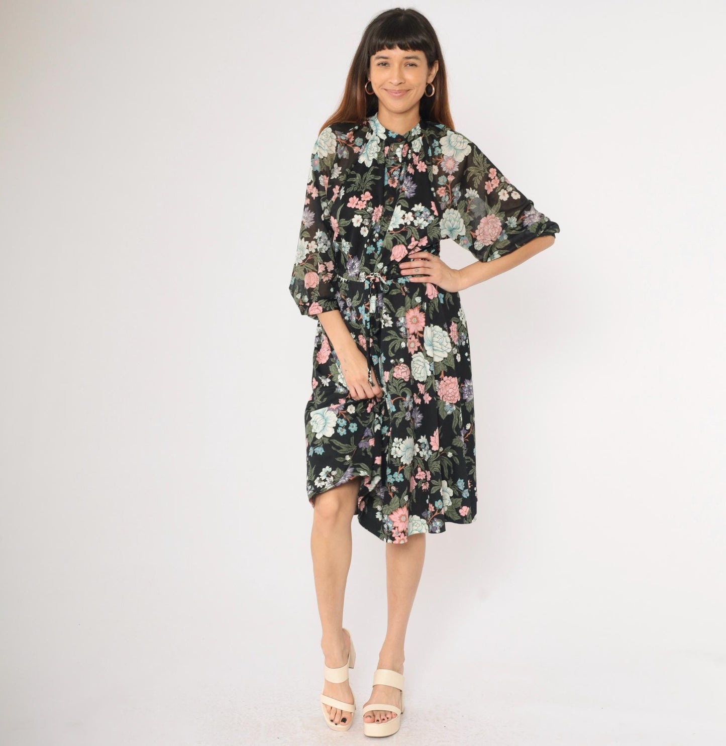 70s Black Floral Midi Dress 3/4 Sleeve Drawstring Waist Button Up Medium