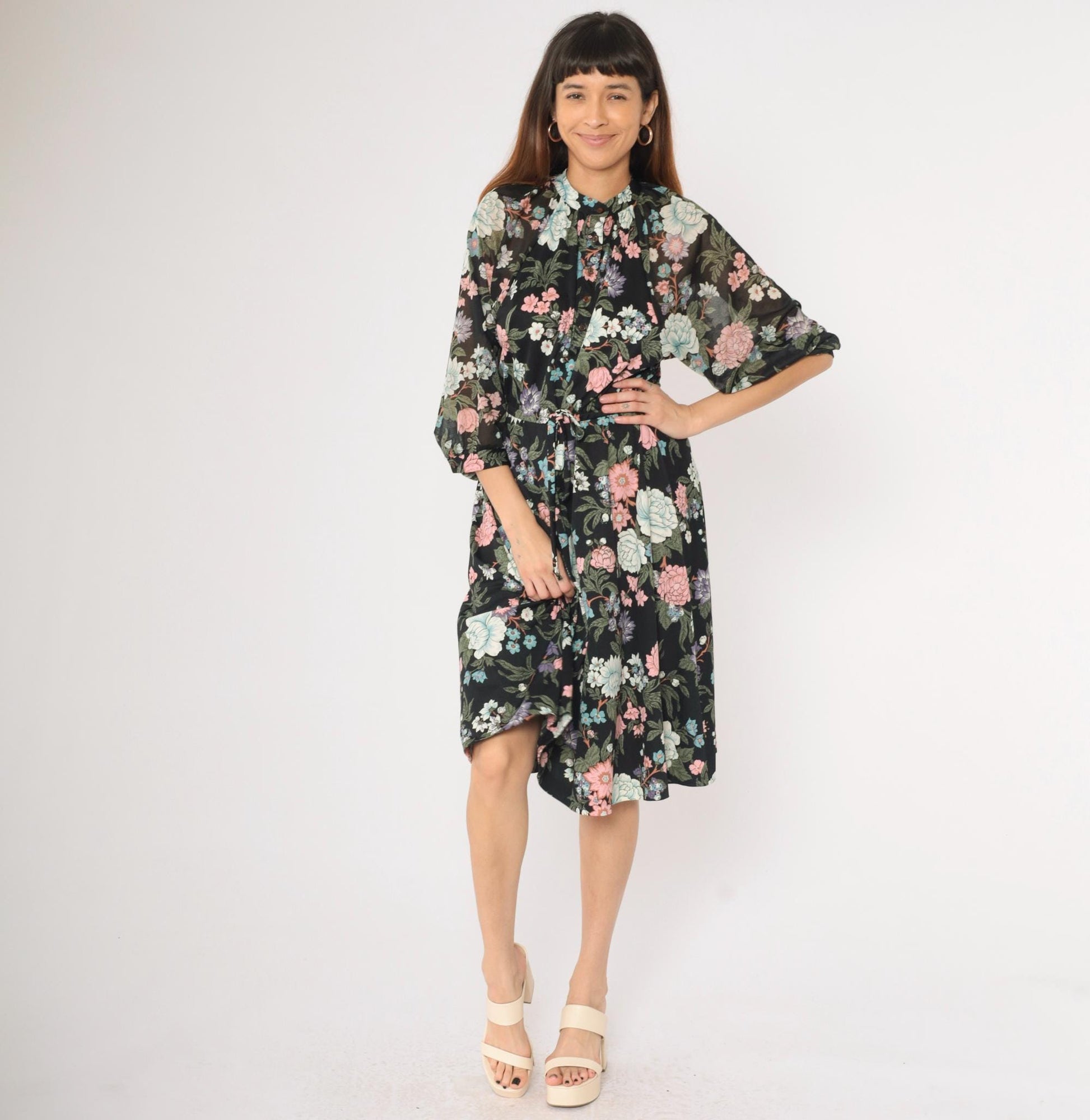 70s Black Floral Midi Dress 3/4 Sleeve Drawstring Waist Button Up Medium