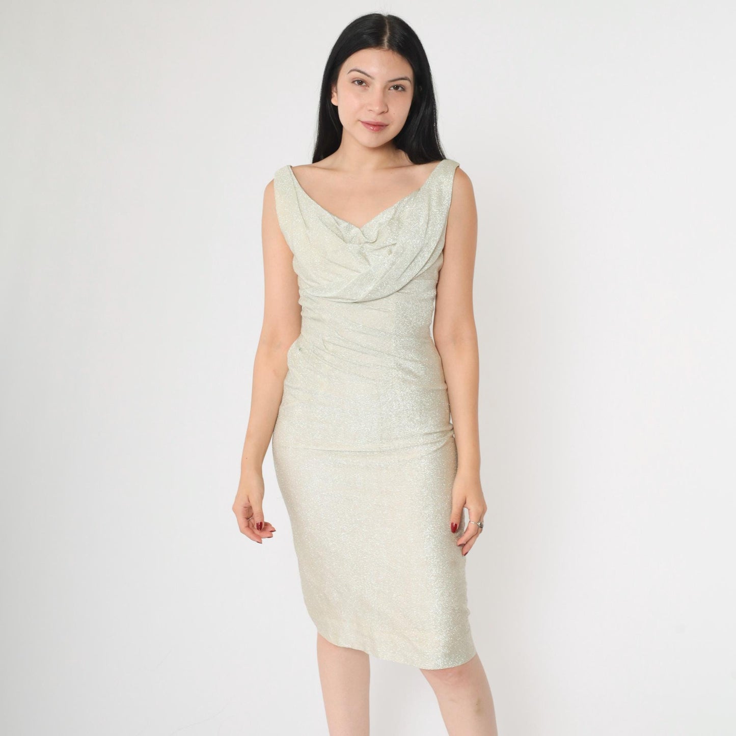 60s Silver Metallic Sheath Dress Draped Neckline Sleeveless Mod Party Extra Small