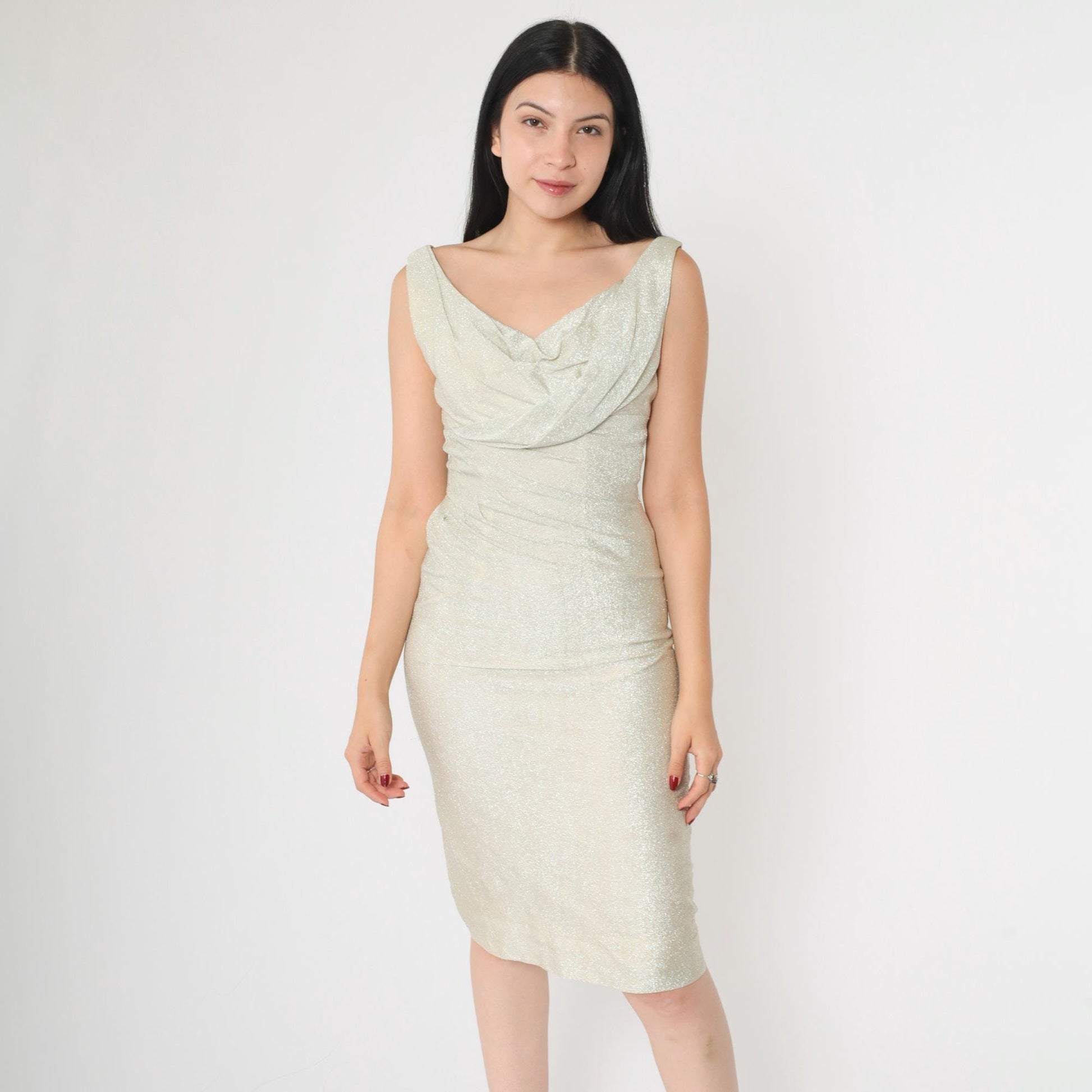 60s Silver Metallic Sheath Dress Draped Neckline Sleeveless Mod Party Extra Small