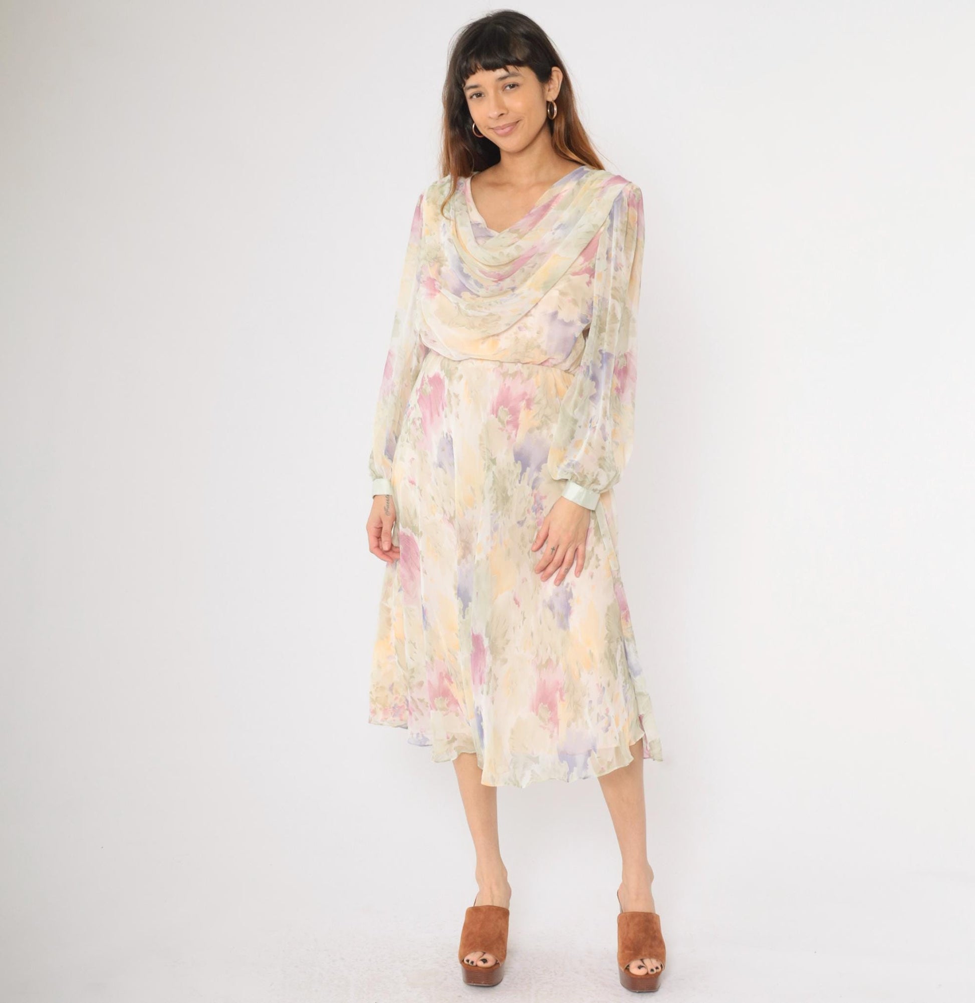 80s Ursula Pastel Watercolor Floral Chiffon Midi Dress Cowl Neck Medium