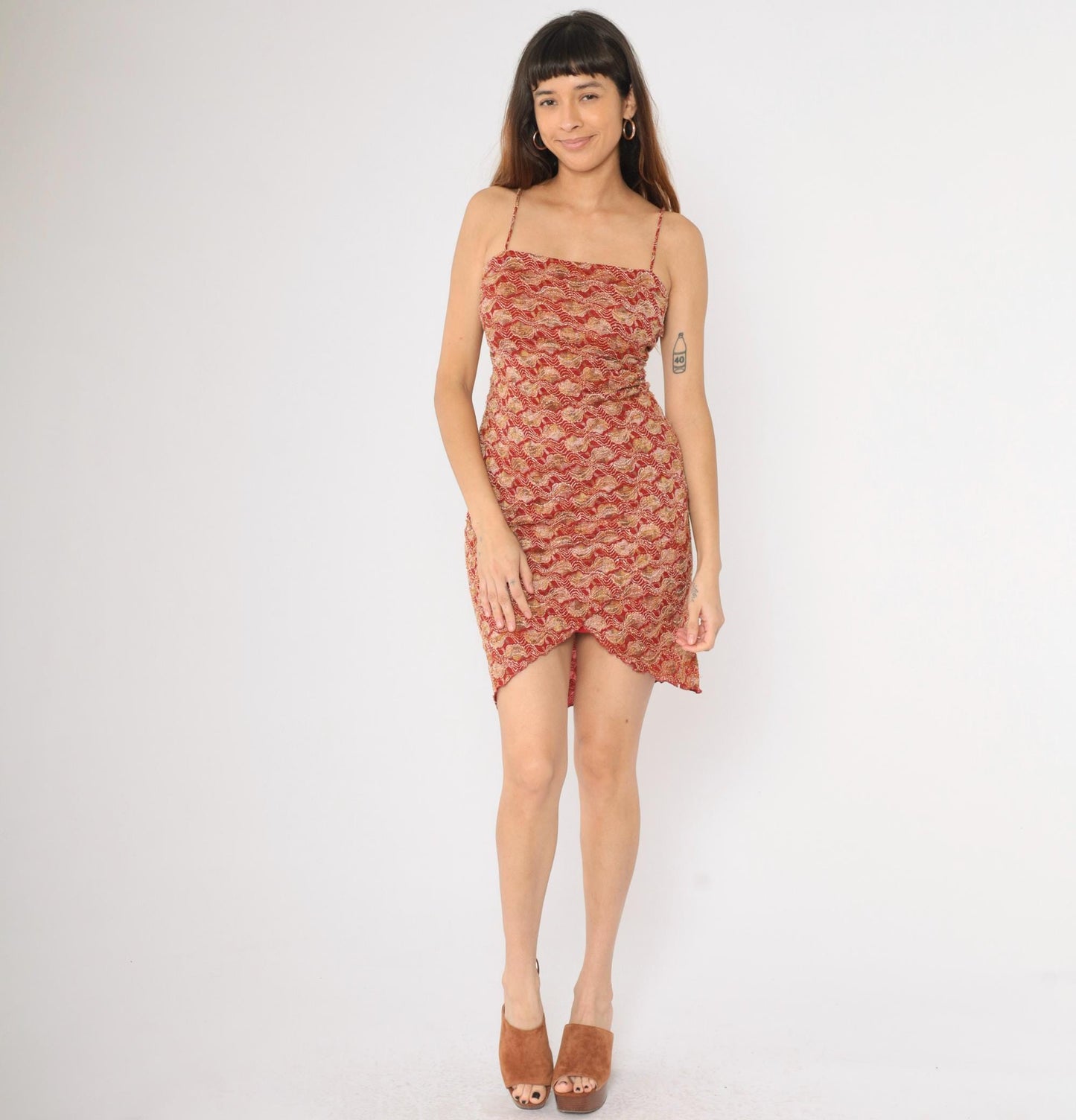 90s Red Gold Lace Strapless Mini Dress Tulip Hem Bodycon Medium M