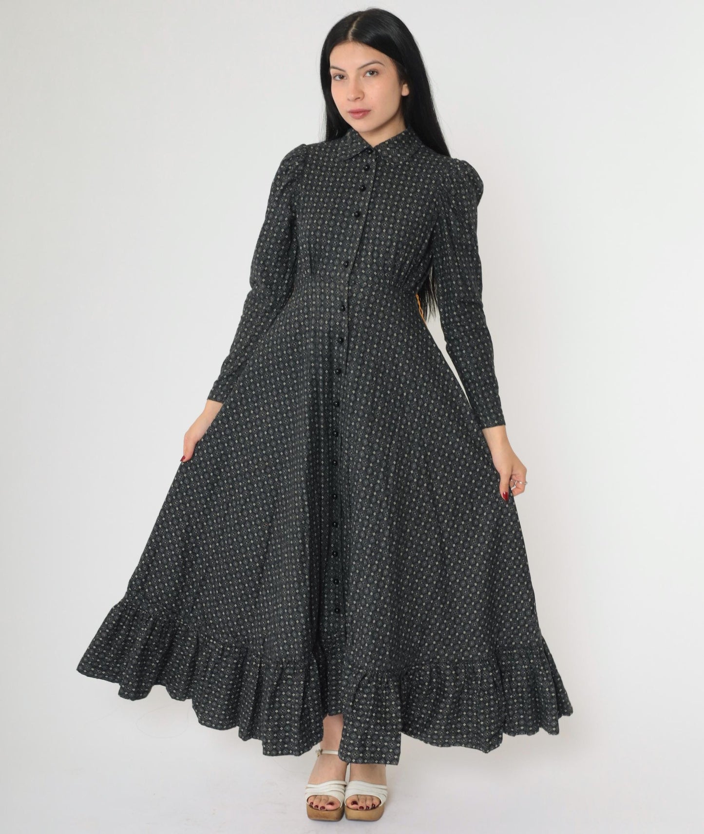 70s Black Floral Maxi Dress Peter Pan Collar Puff Sleeve High Waist Small
