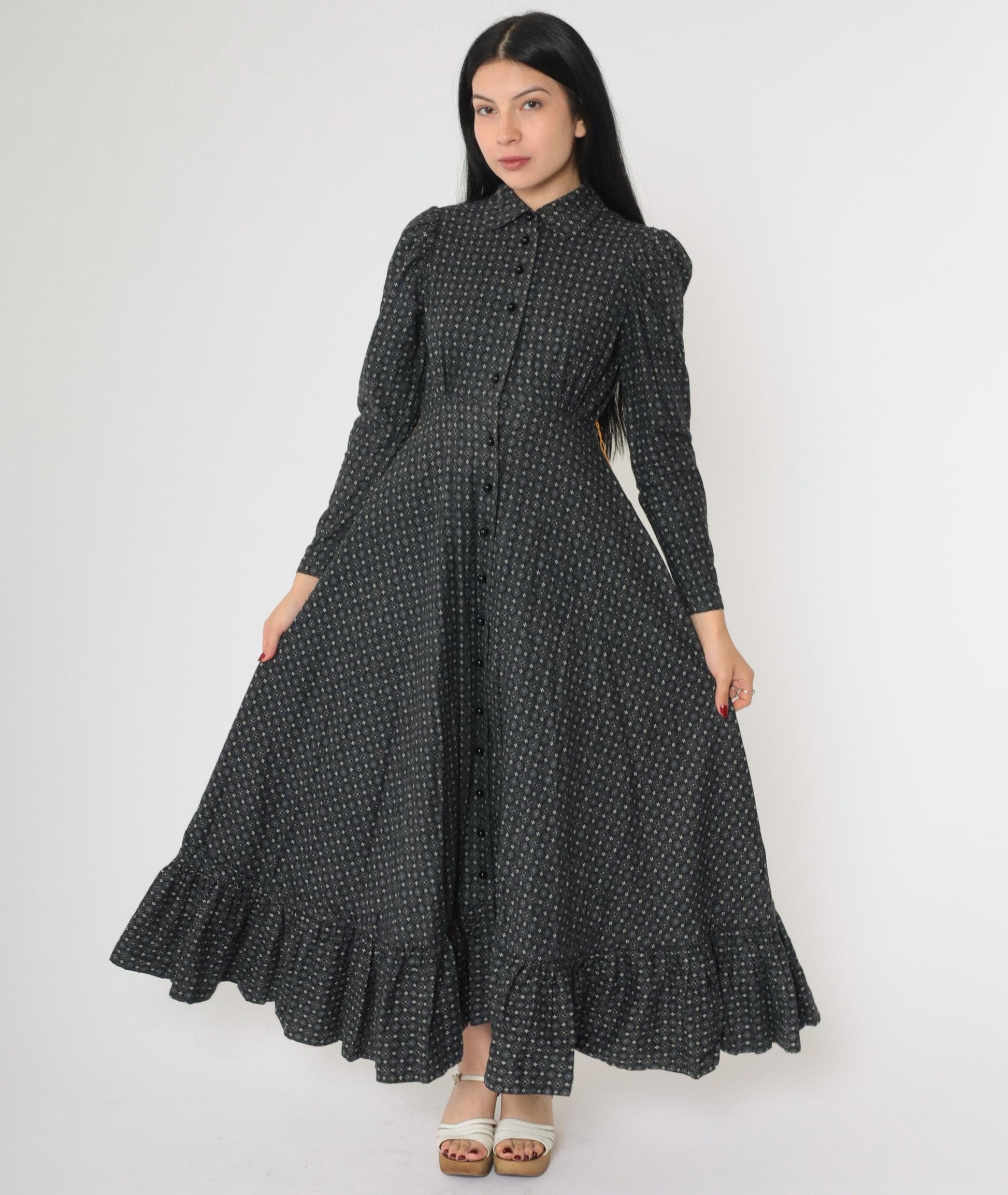 70s Black Floral Maxi Dress Peter Pan Collar Puff Sleeve High Waist Small