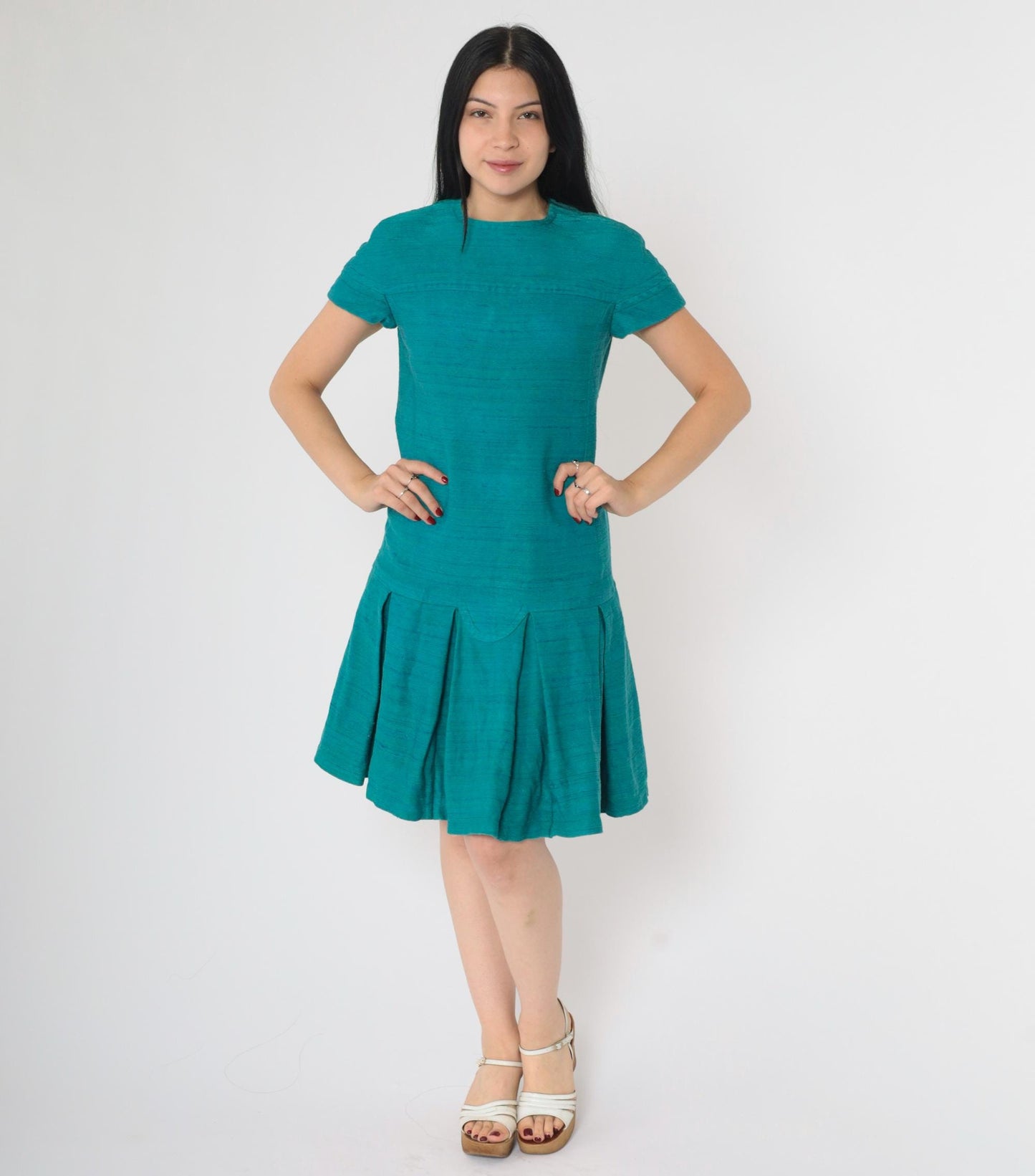 60s Mod Mini Dress Teal Drop Waist Pleated Short Sleeve Extra Small
