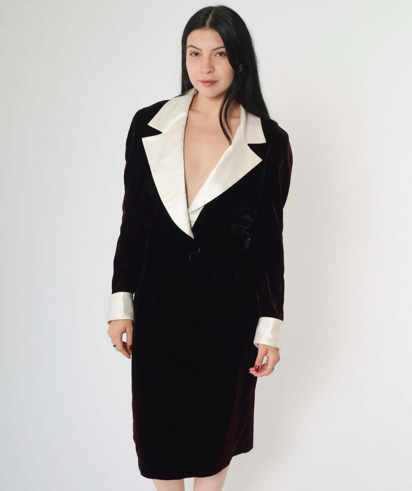 90s Black Velvet Wrap Dress White Satin Collar Deep V Midi Medium