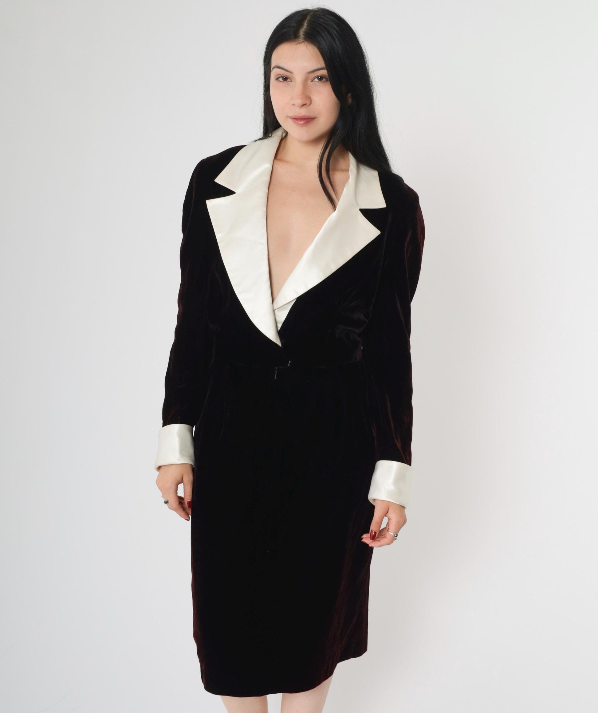 90s Black Velvet Wrap Dress White Satin Collar Deep V Midi Medium