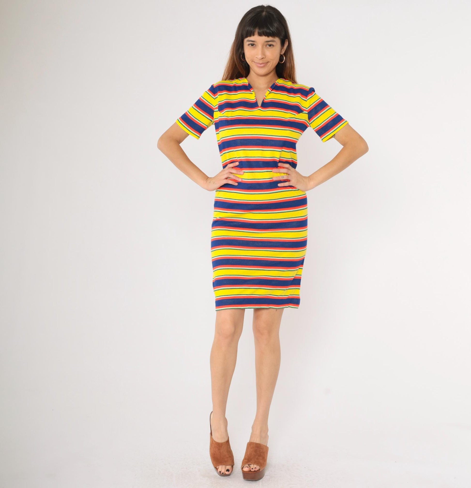 70s Striped Knit Mini Dress Yellow Navy Red Notched Neck Small Medium
