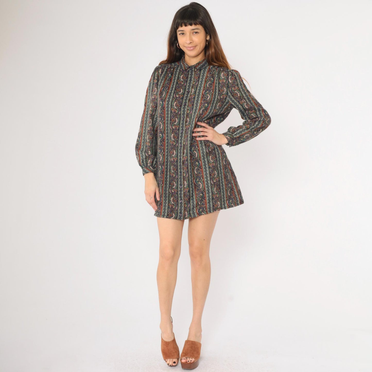 80s Paisley Striped Mini Dress Puff Sleeve Button-Up Shirtdress Medium Large