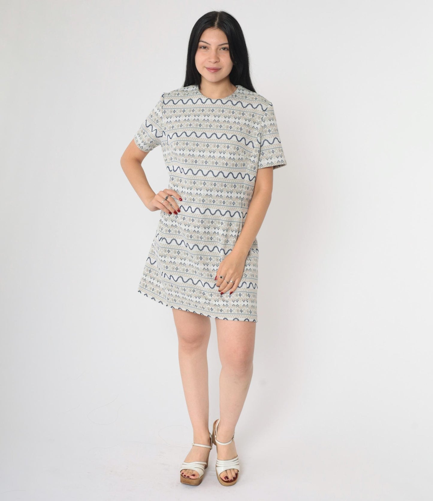 60s Geometric Shift Mini Dress Grey Navy Tan Short Sleeve Medium