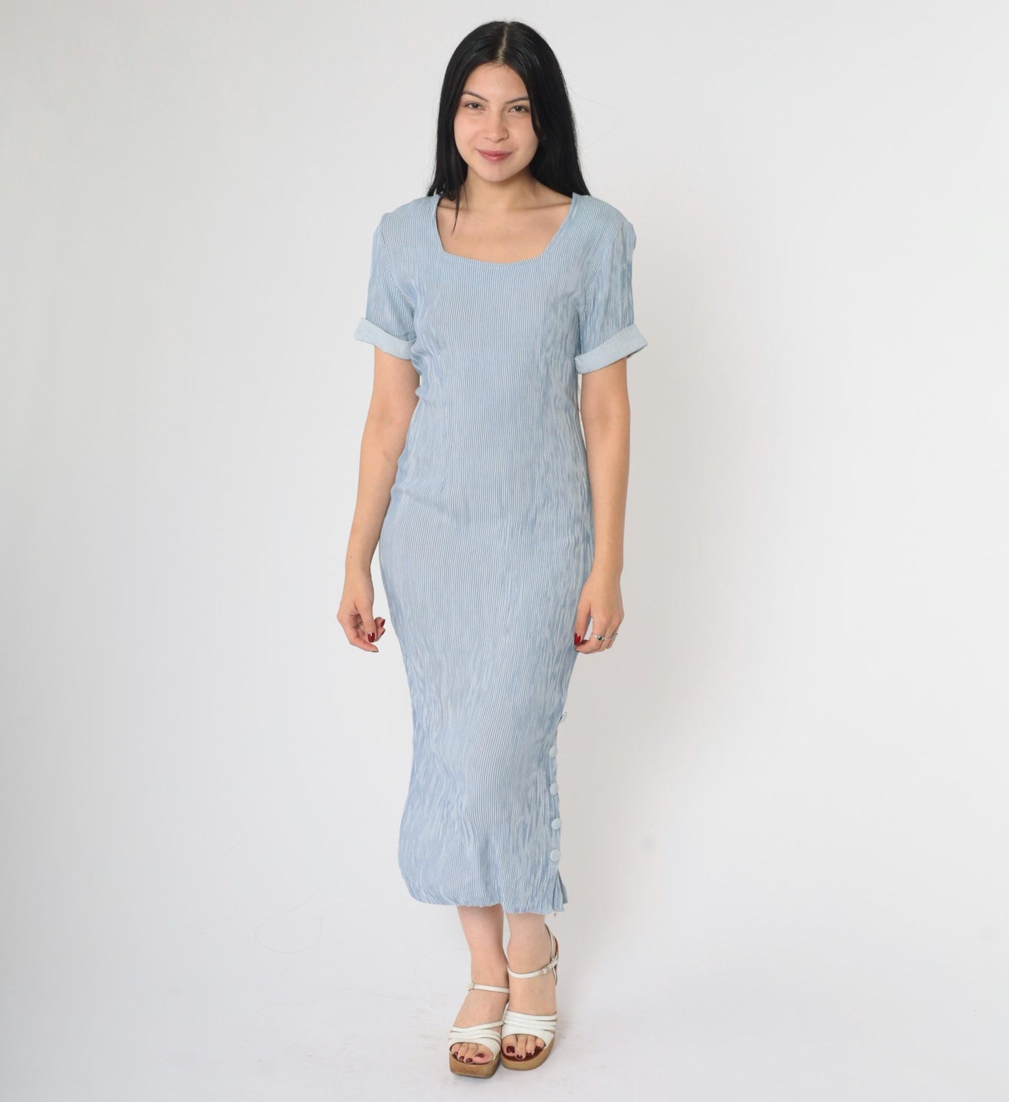 90s Blue White Striped Midi Sheath Dress Cuffed Sleeves Small S