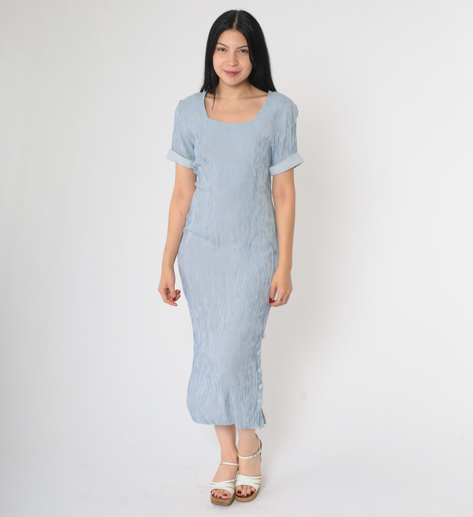 90s Blue White Striped Midi Sheath Dress Cuffed Sleeves Small S