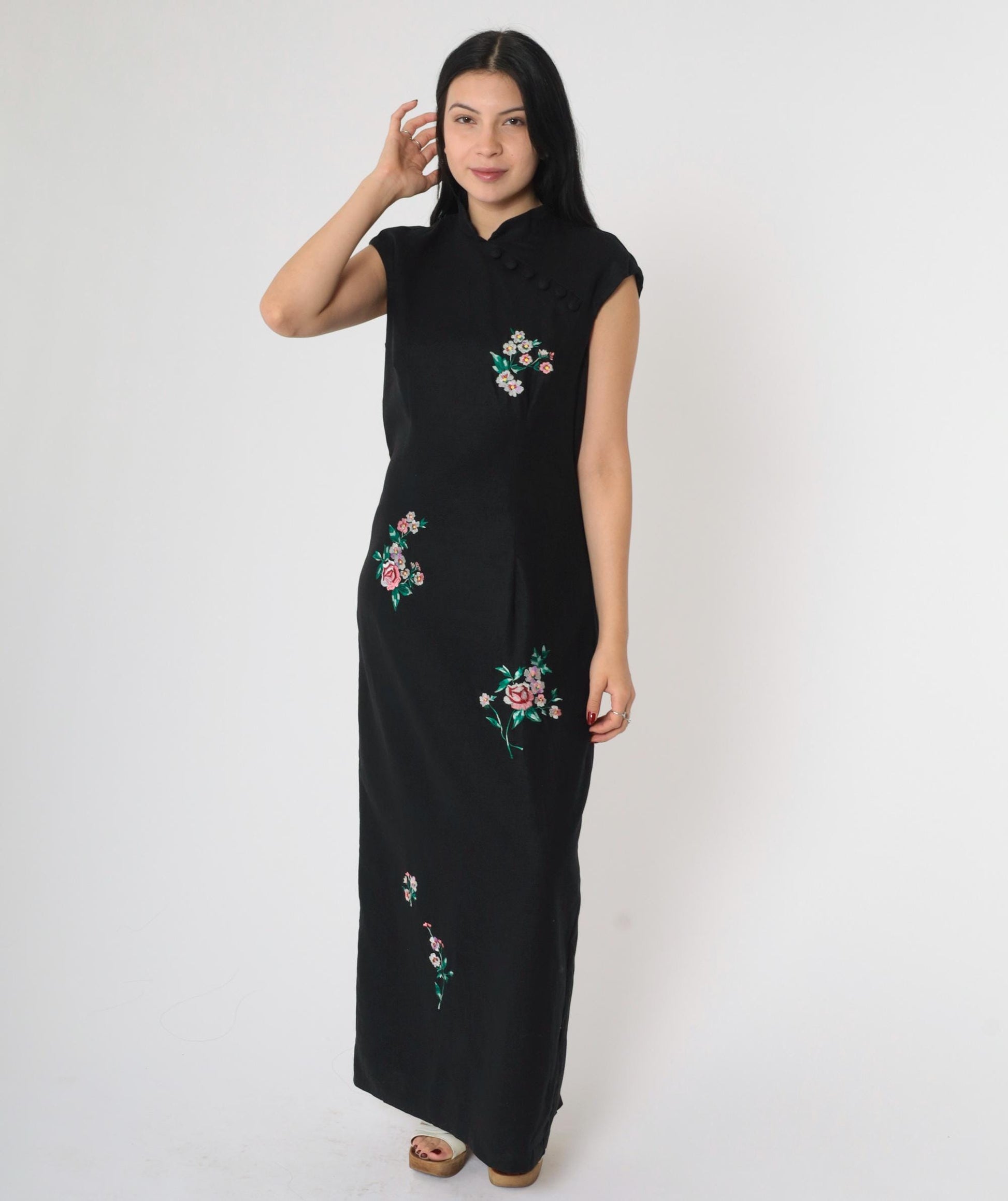 90s Dress Barn Cheongsam Maxi Black Floral Embroidered Mandarin Collar Medium 8