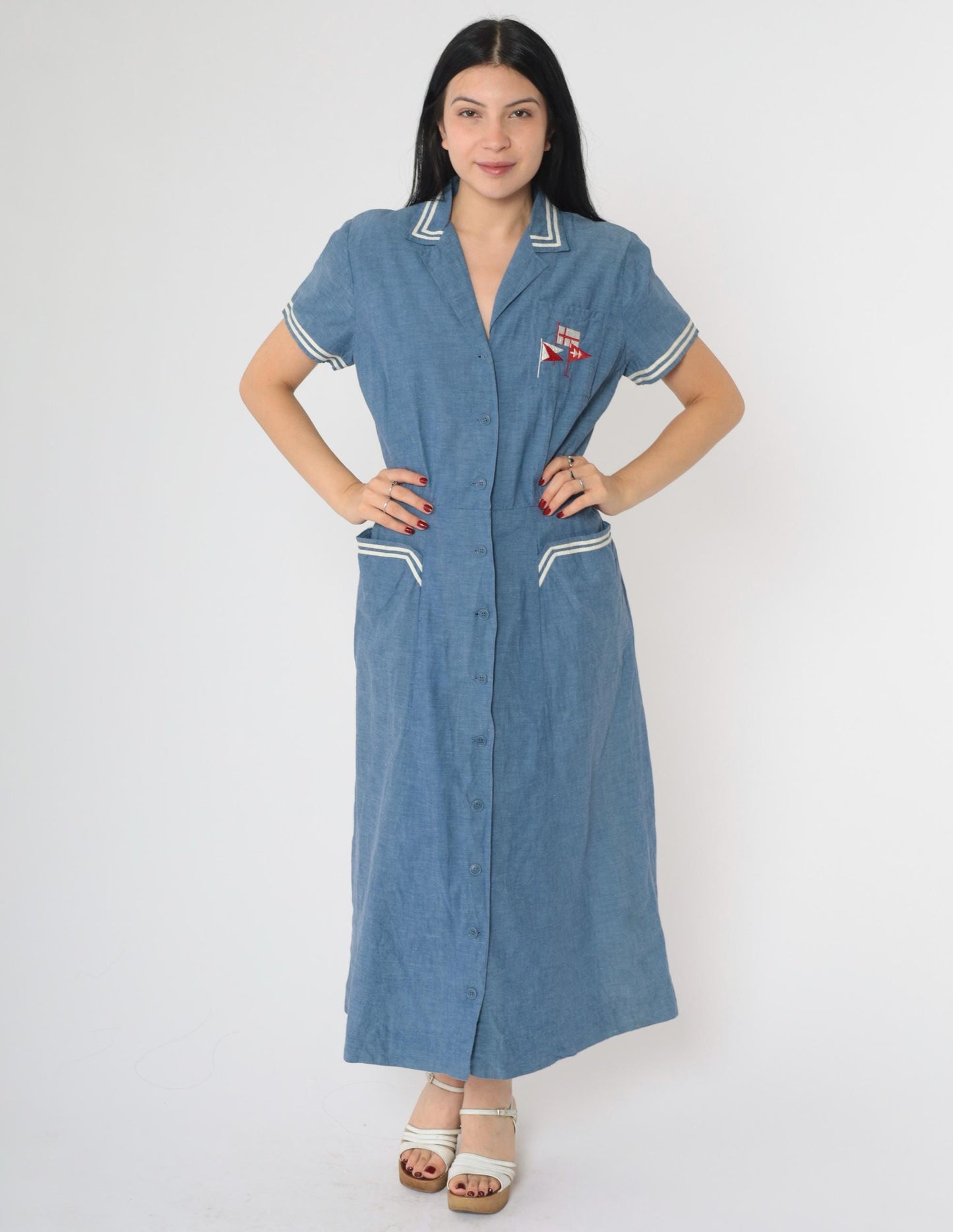 80s Nautical Chambray Shirt Dress Embroidered Flags Midi Blue Small Medium