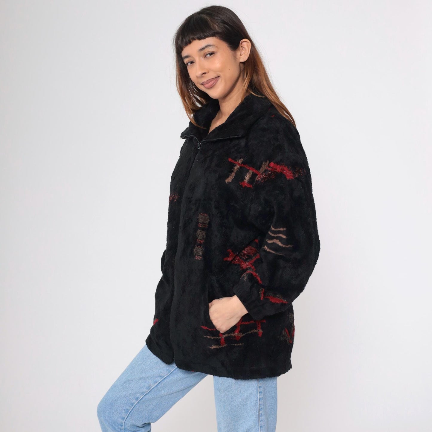 90s Forecaster Fleece Jacket Black Abstract Geometric Zip Up Extra Small