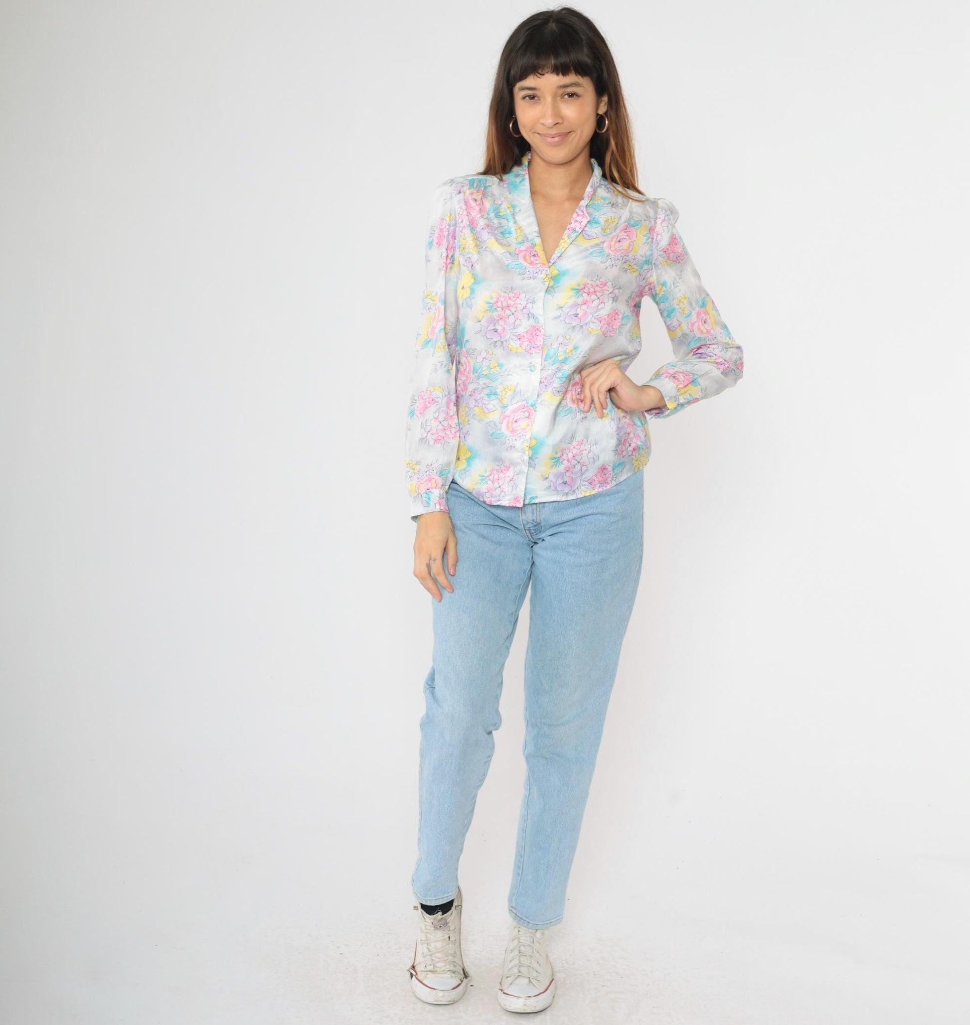 80s Pastel Floral Puff Sleeve Button Up Blouse Pink Lavender Blue Medium