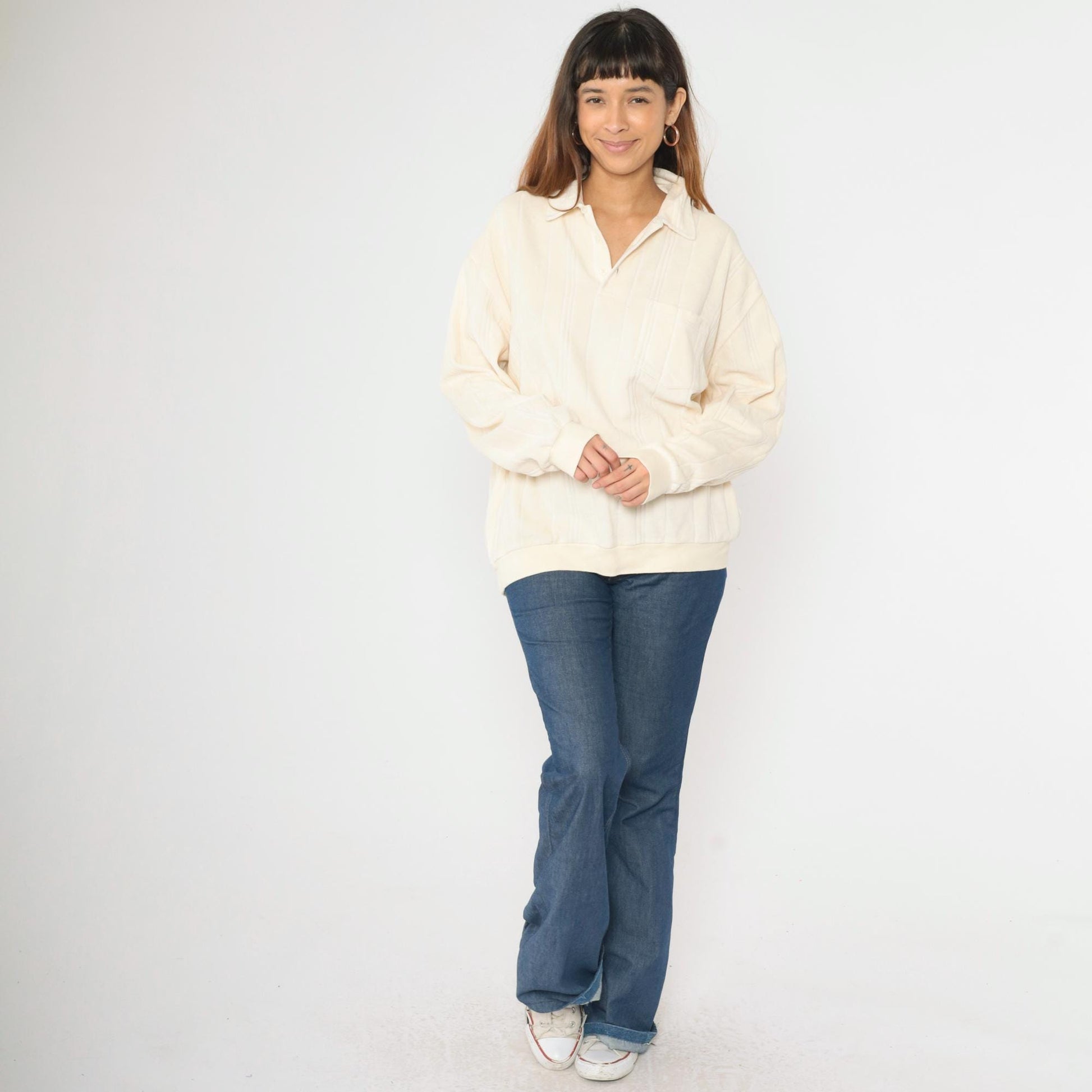 80s Cream Velour Polo Sweatshirt Collared Button-Up Long Sleeve Extra Large