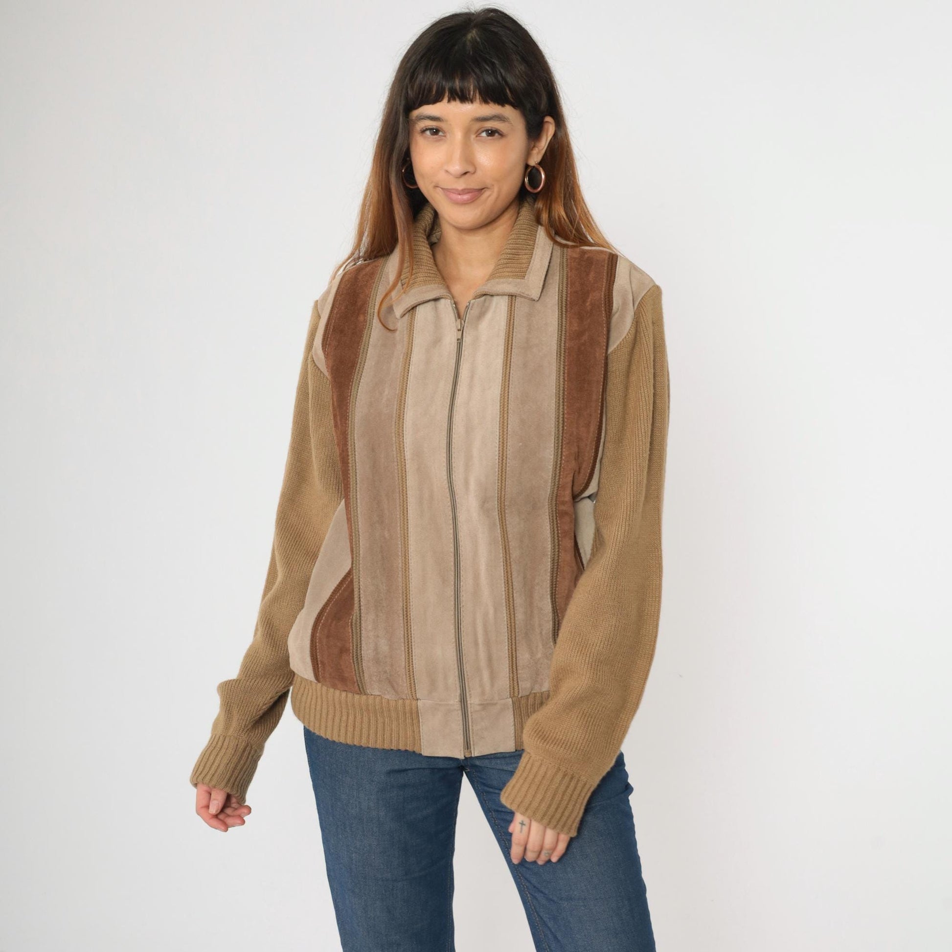 80s Tan Suede Striped Bomber Jacket Brown Leather Zip Knit Large L