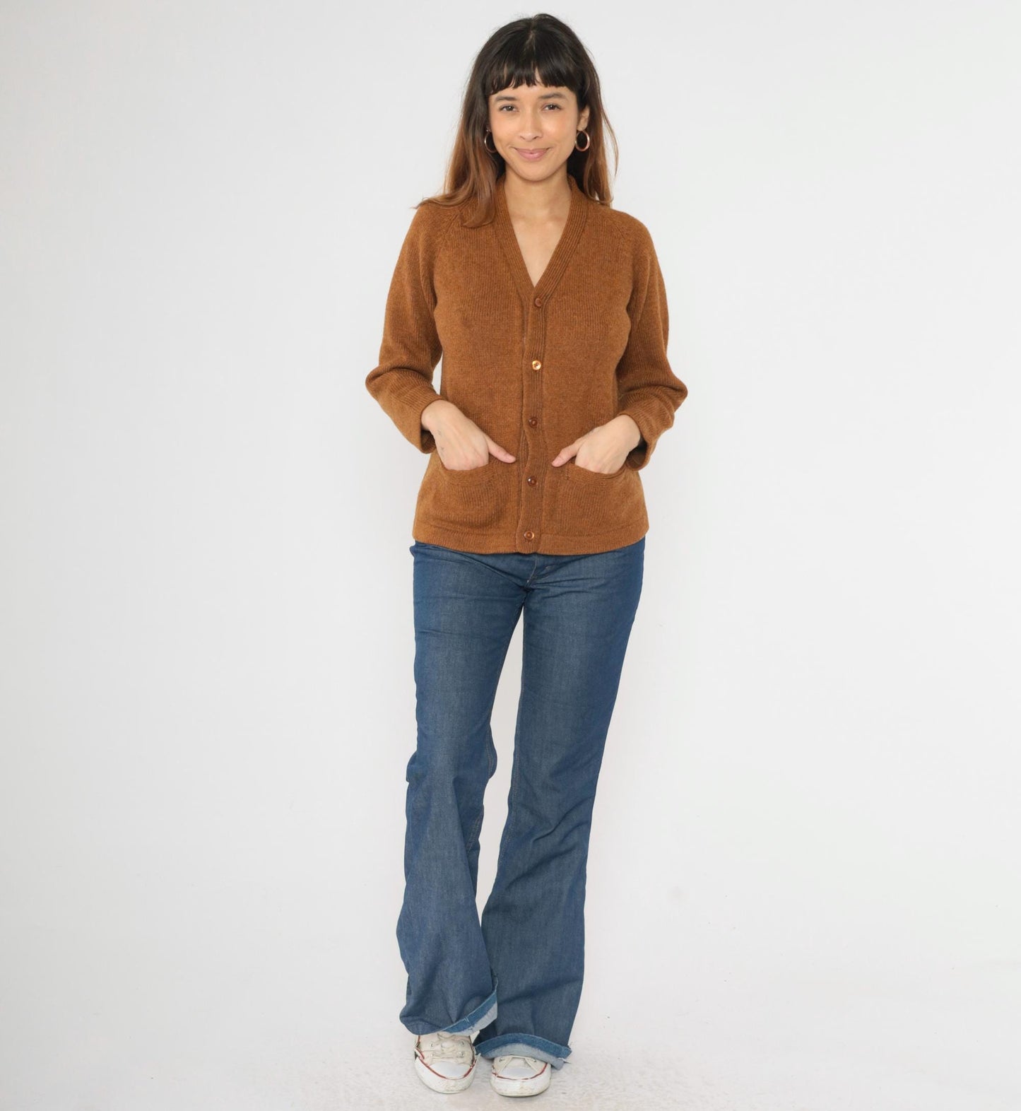70s Flecked Brown Wool Cardigan V Neck Button Up Knit Sweater Small Medium