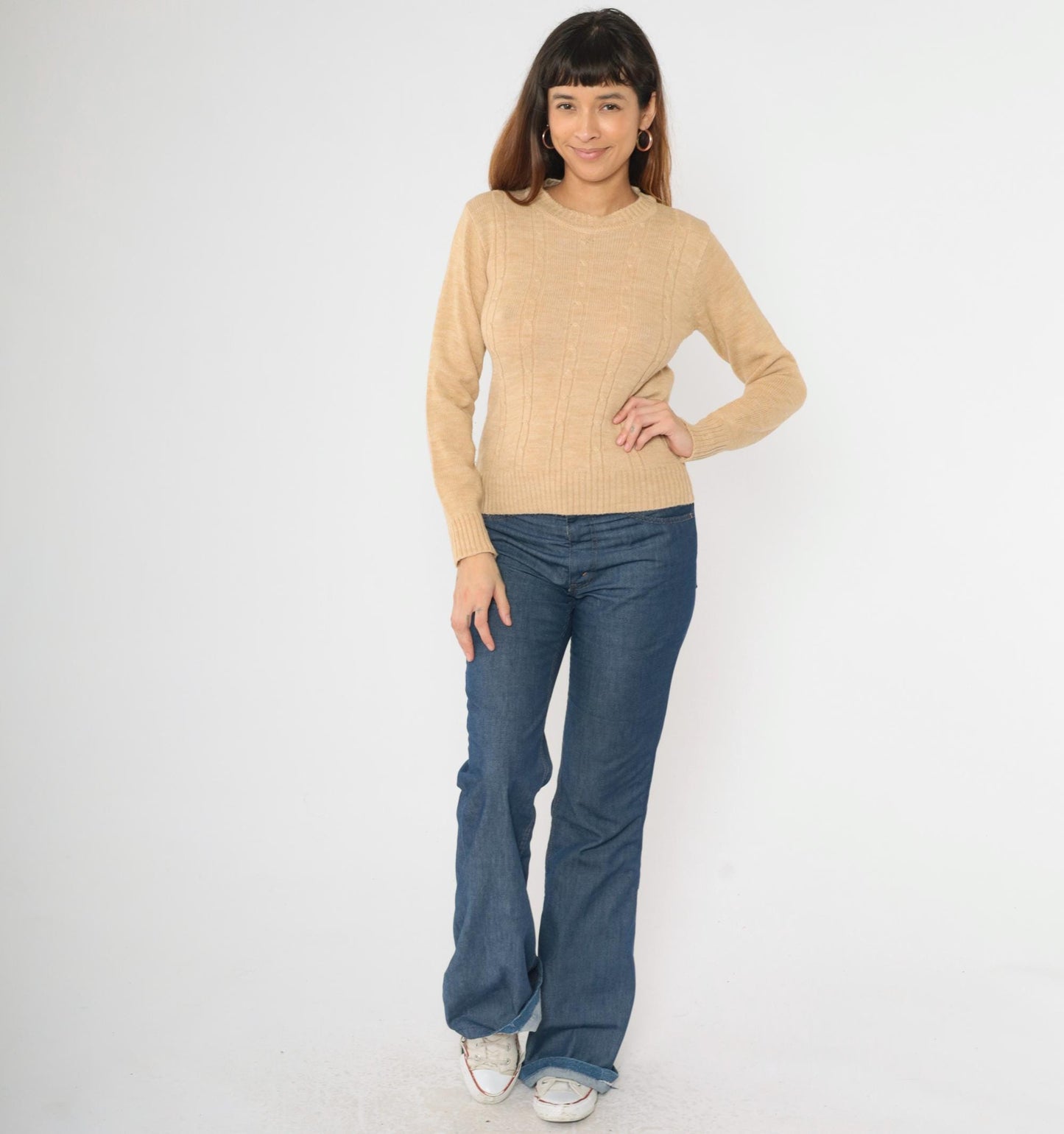 70s Tan Cable Knit Crewneck Pullover Sweater Small S