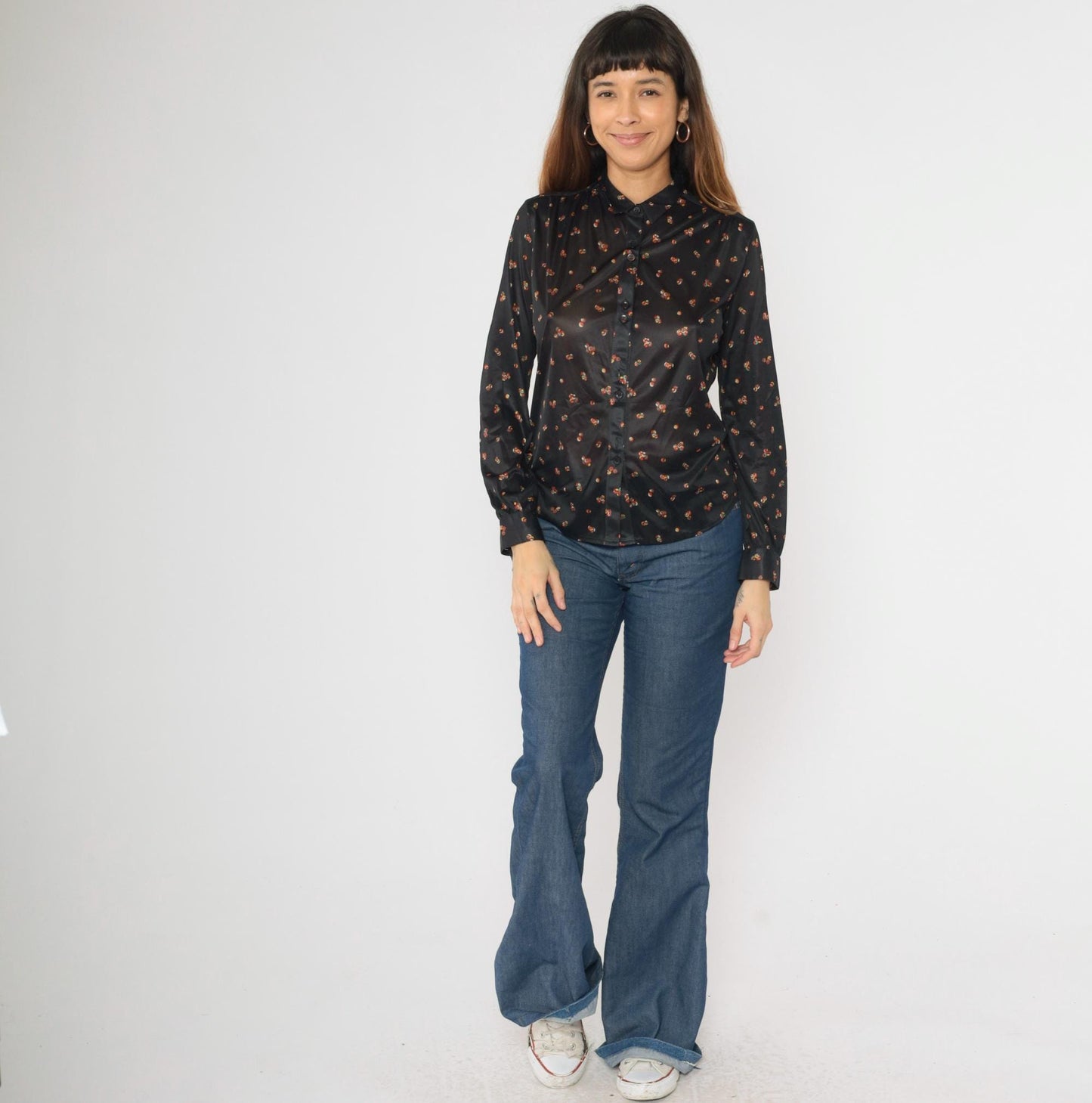 70s Black Abstract Sphere Print Button Down Blouse Long Sleeve Pointed Collar Medium