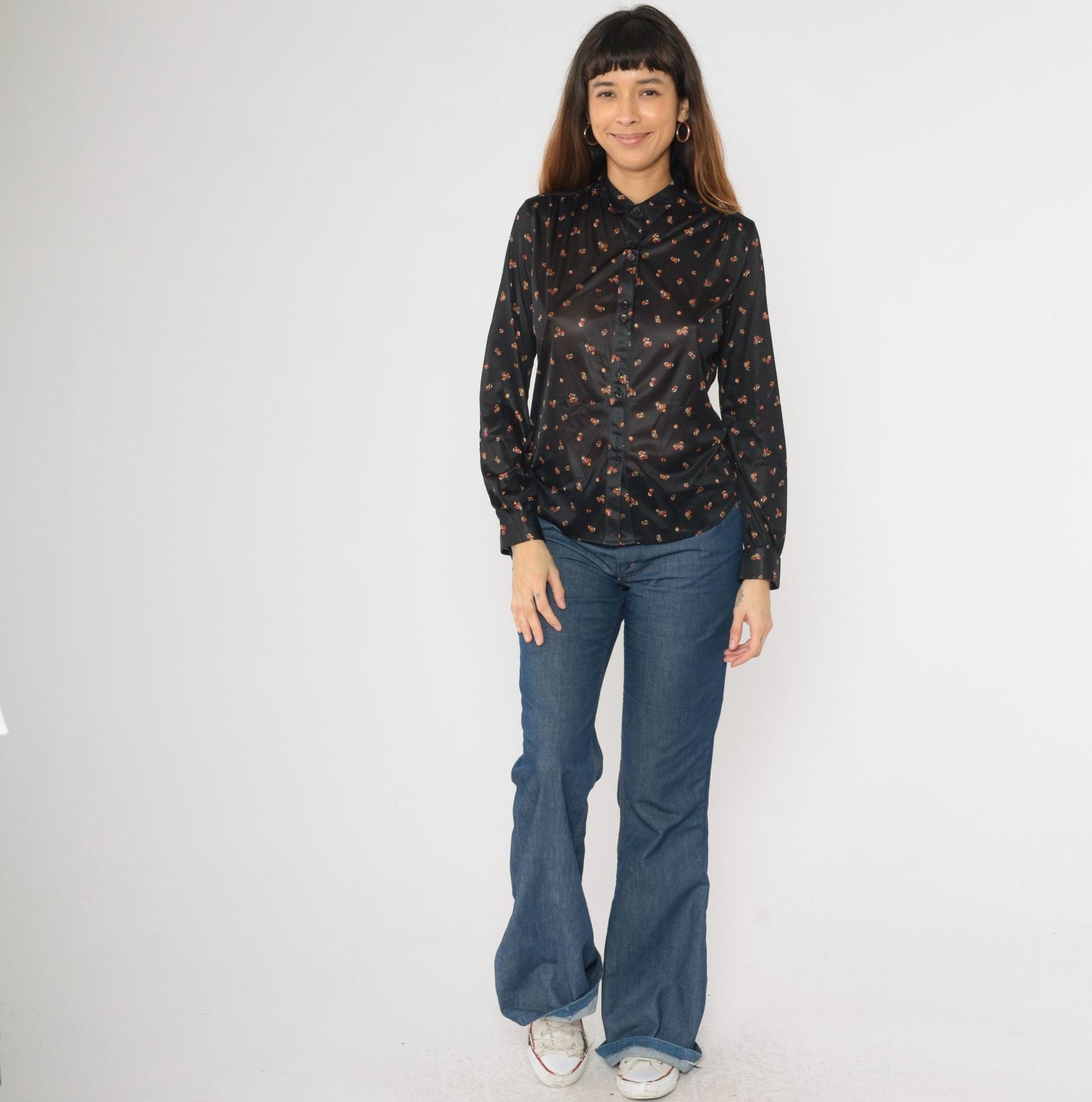 70s Black Abstract Sphere Print Button Down Blouse Long Sleeve Pointed Collar Medium