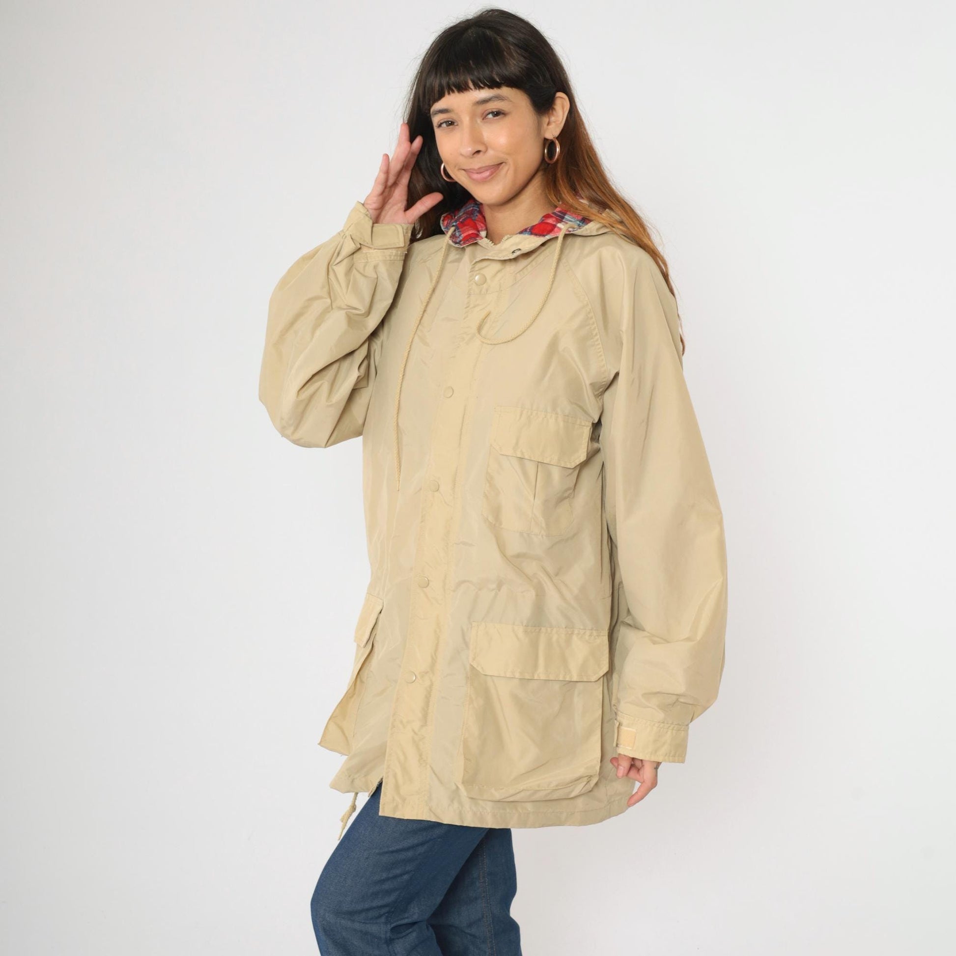 80s Open Trails Beige Nylon Anorak Jacket Plaid Lined Hooded Windbreaker Large L