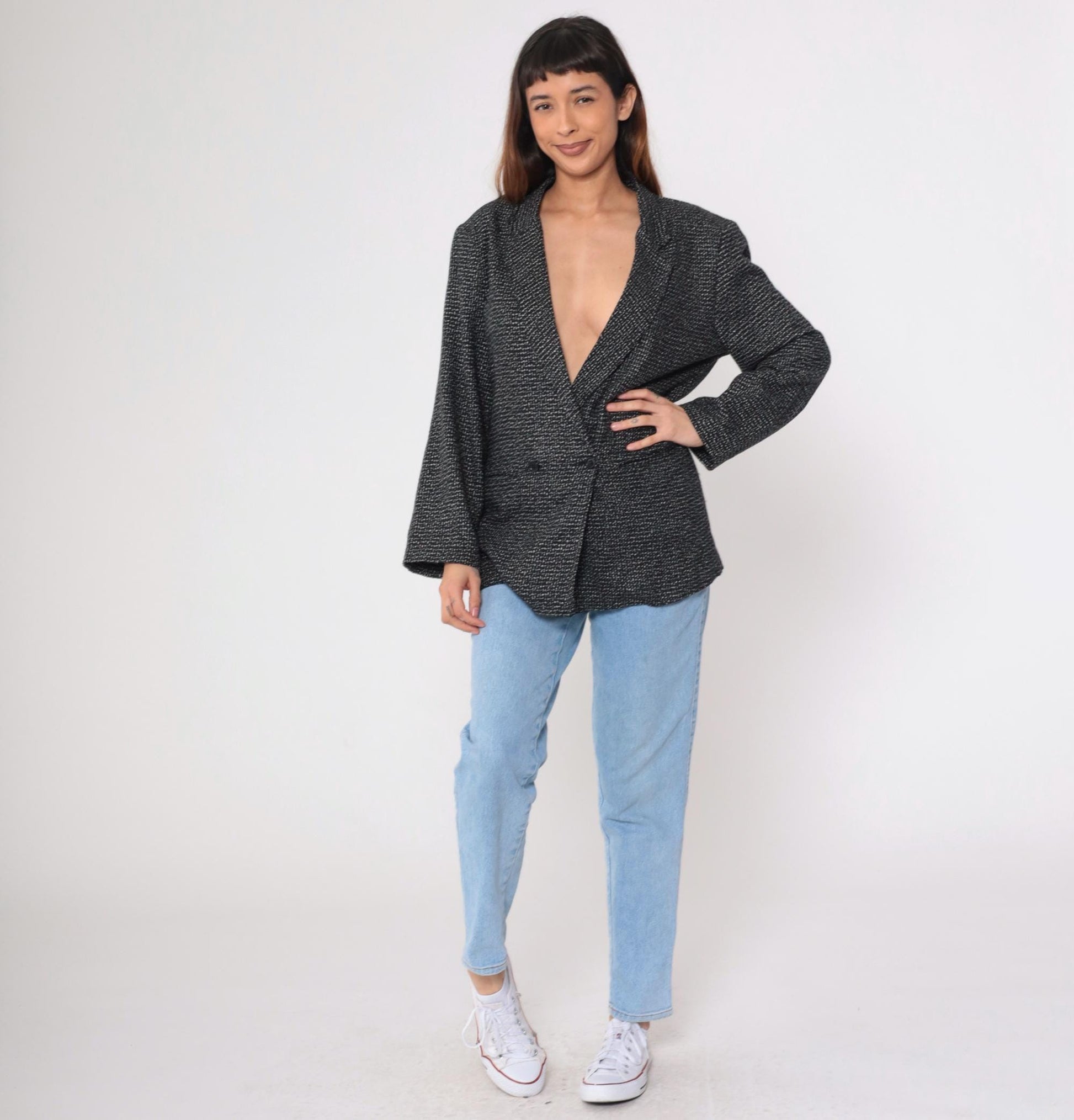 80s Black & White Textured Double-Breasted Blazer Deep V Neck Medium 36