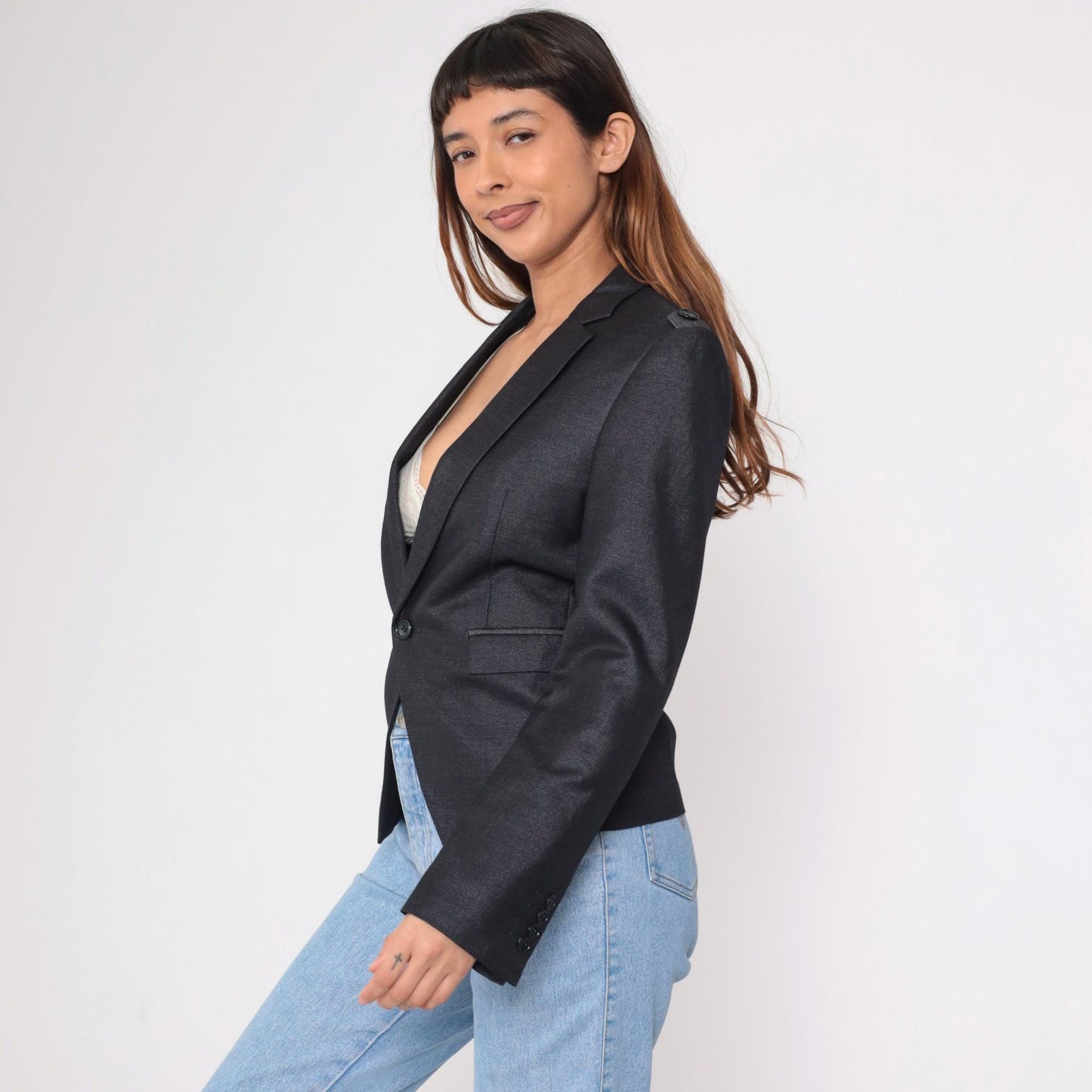 Y2K Black Fitted Blazer Military Epaulette Deep V Neck Button Up Extra Small