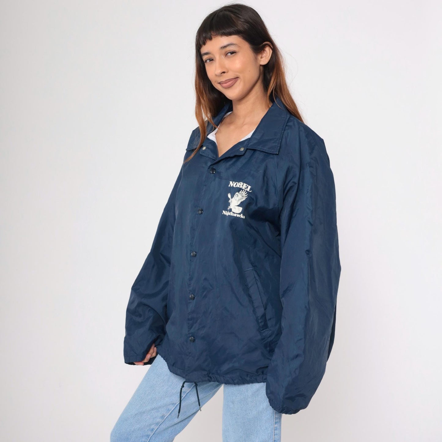 90s Nobel Nighthawks Navy Windbreaker Jacket Snap Front Nylon XXL