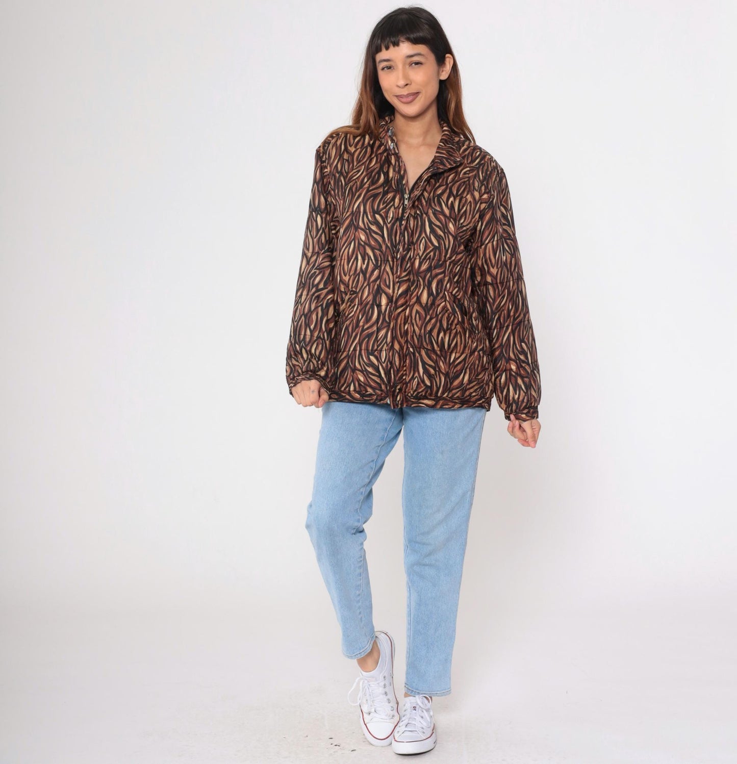 90s Clio Silk Puffer Jacket Abstract Animal Print Brown Medium