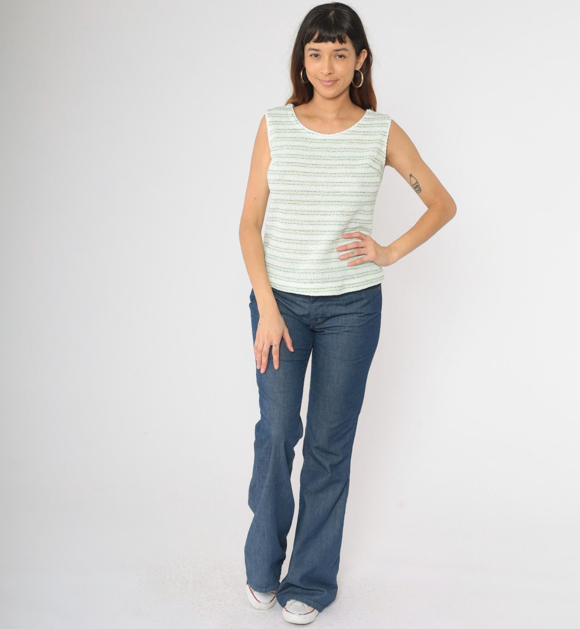 70s Green White Striped Knit Tank Top Scoop Neck Small Medium