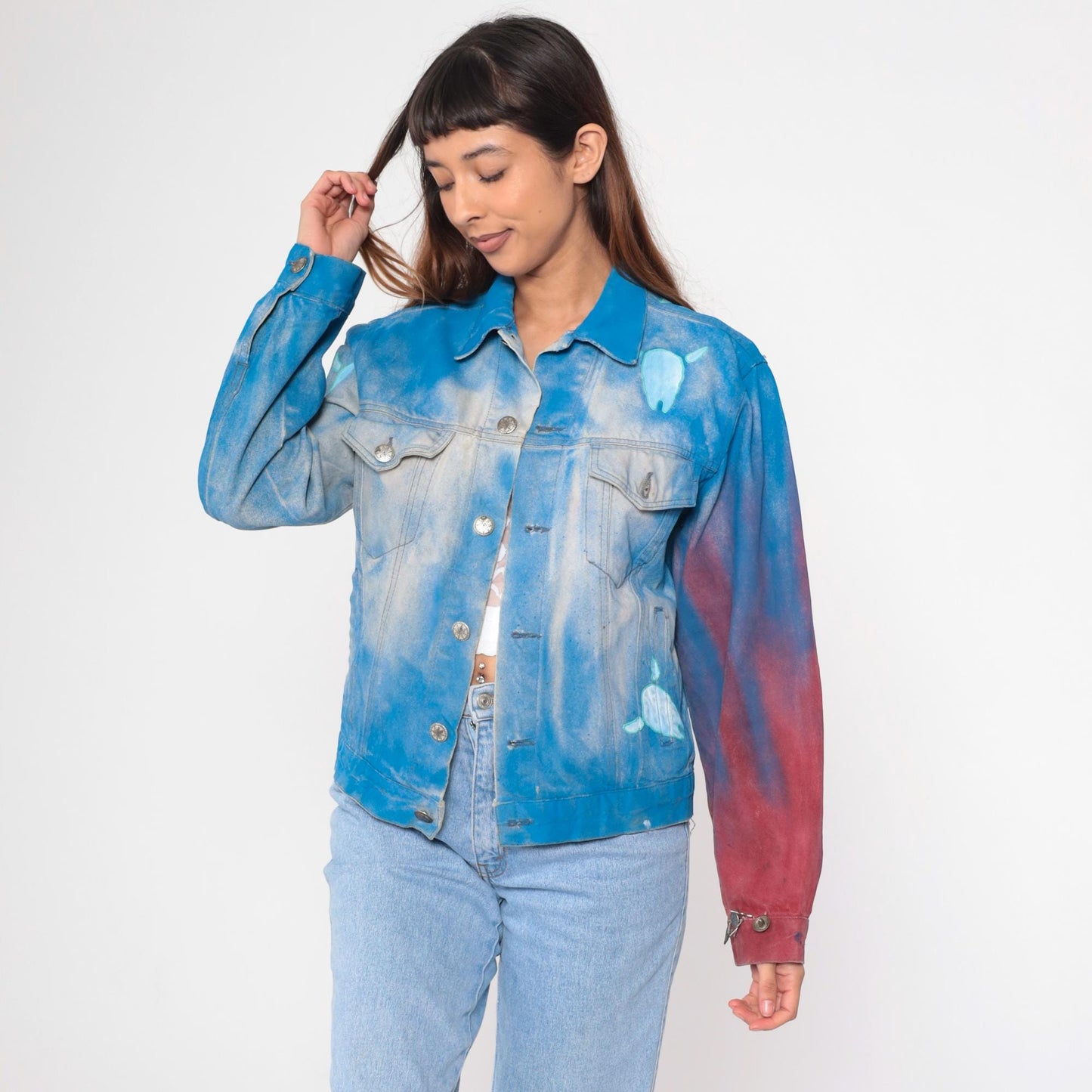 90s Airbrushed Denim Jacket Cow Skull Bison Print Western Blue Medium M