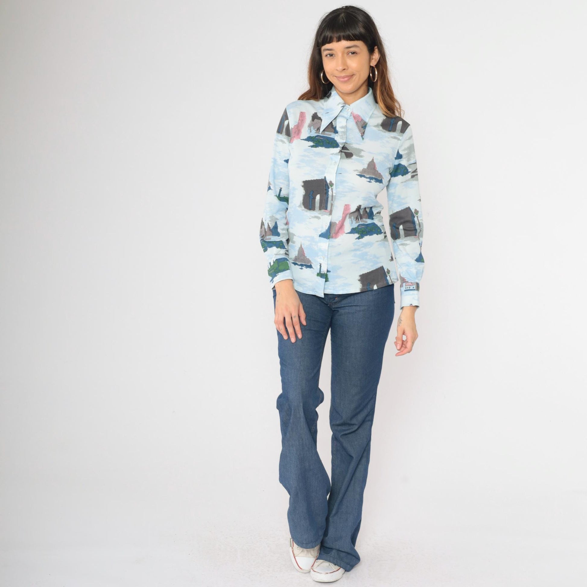 70s Loubella Parisian Print Blouse Blue Button Up Eiffel Tower Medium