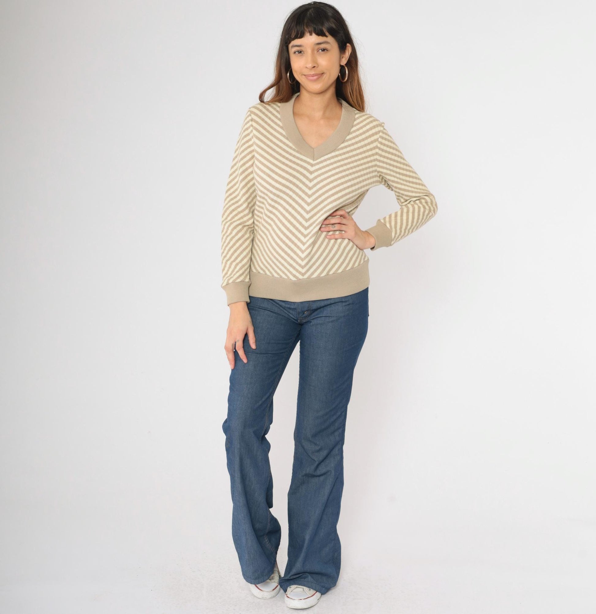 70s Tan Chevron Striped V-Neck Sweater Wool Blend Knit Small Medium