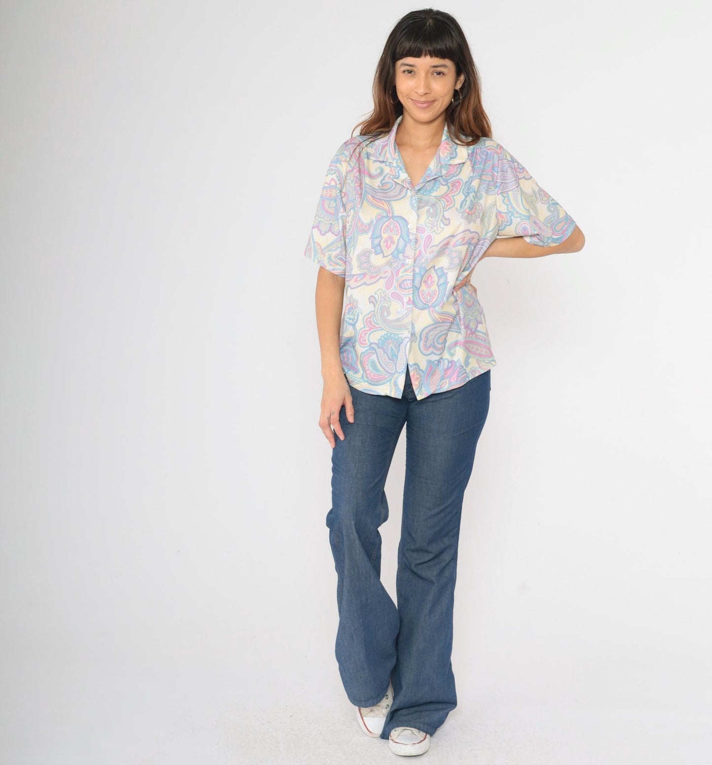 Y2K Paisley Button-Up Blouse Psychedelic Print Short Sleeve Top Large L