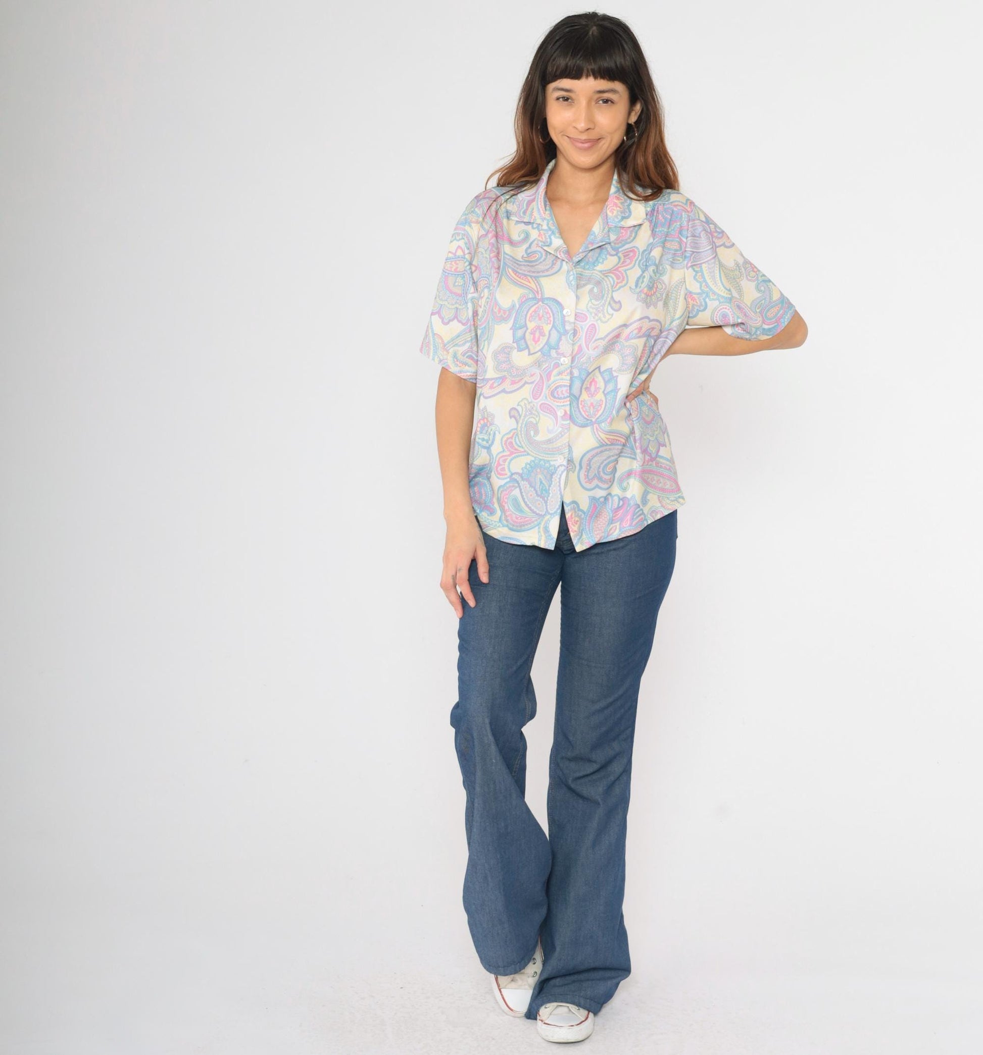 Y2K Paisley Button-Up Blouse Psychedelic Print Short Sleeve Top Large L